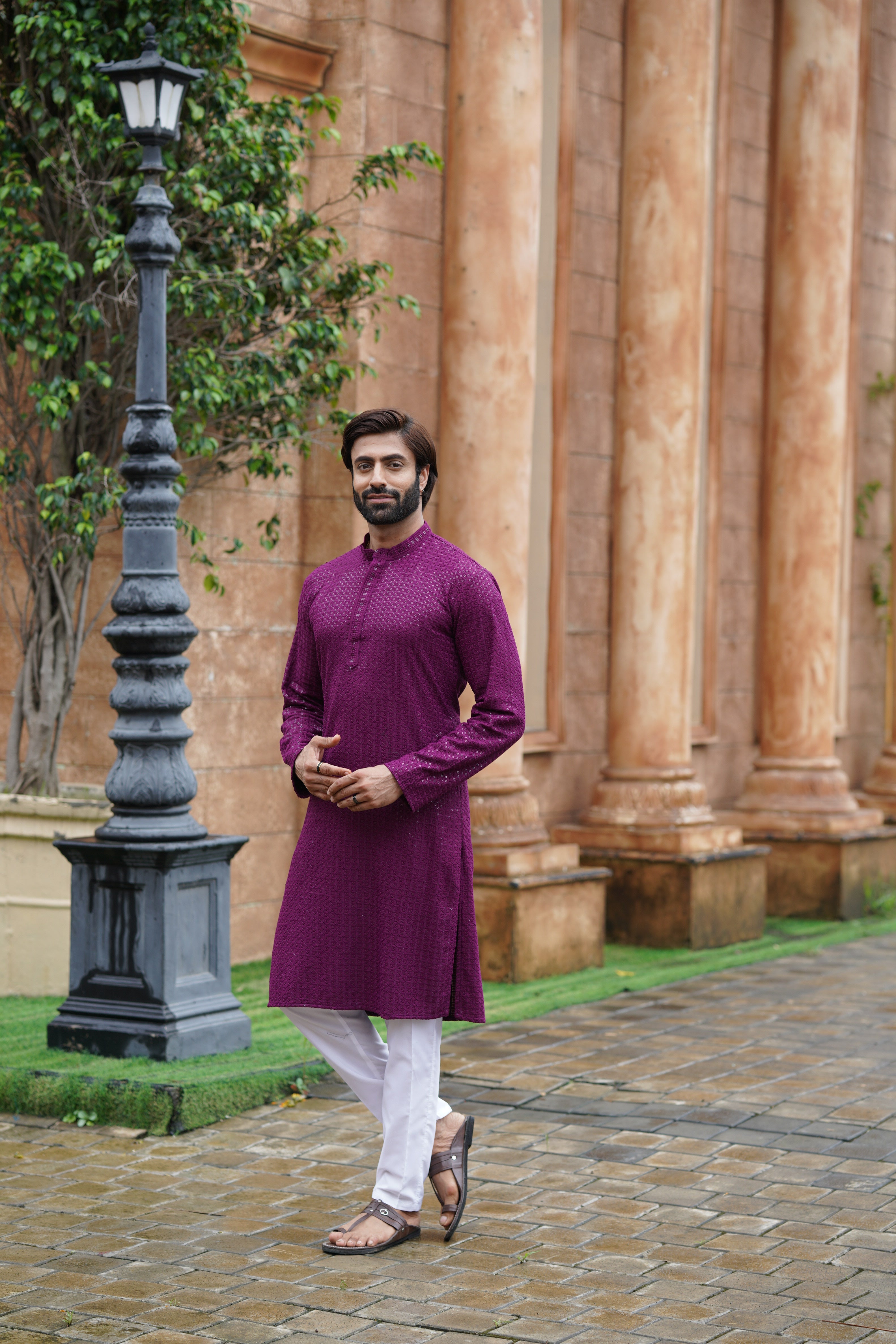 Men’s Plum Chikankari Threadwork and Sequins Kurta