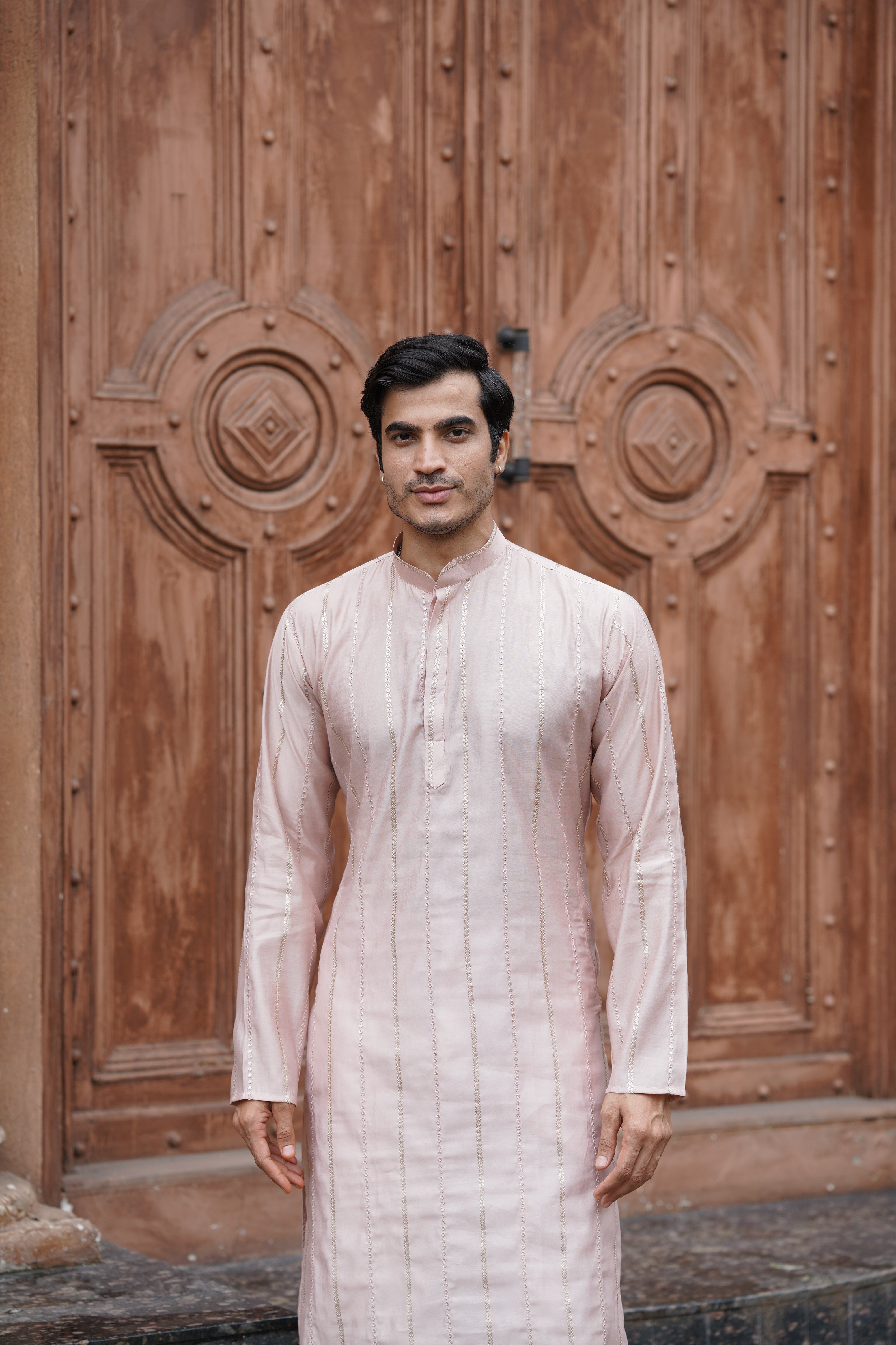 Peach Vertical Sequin Embroidered Men's Kurta Set in Silk Blend