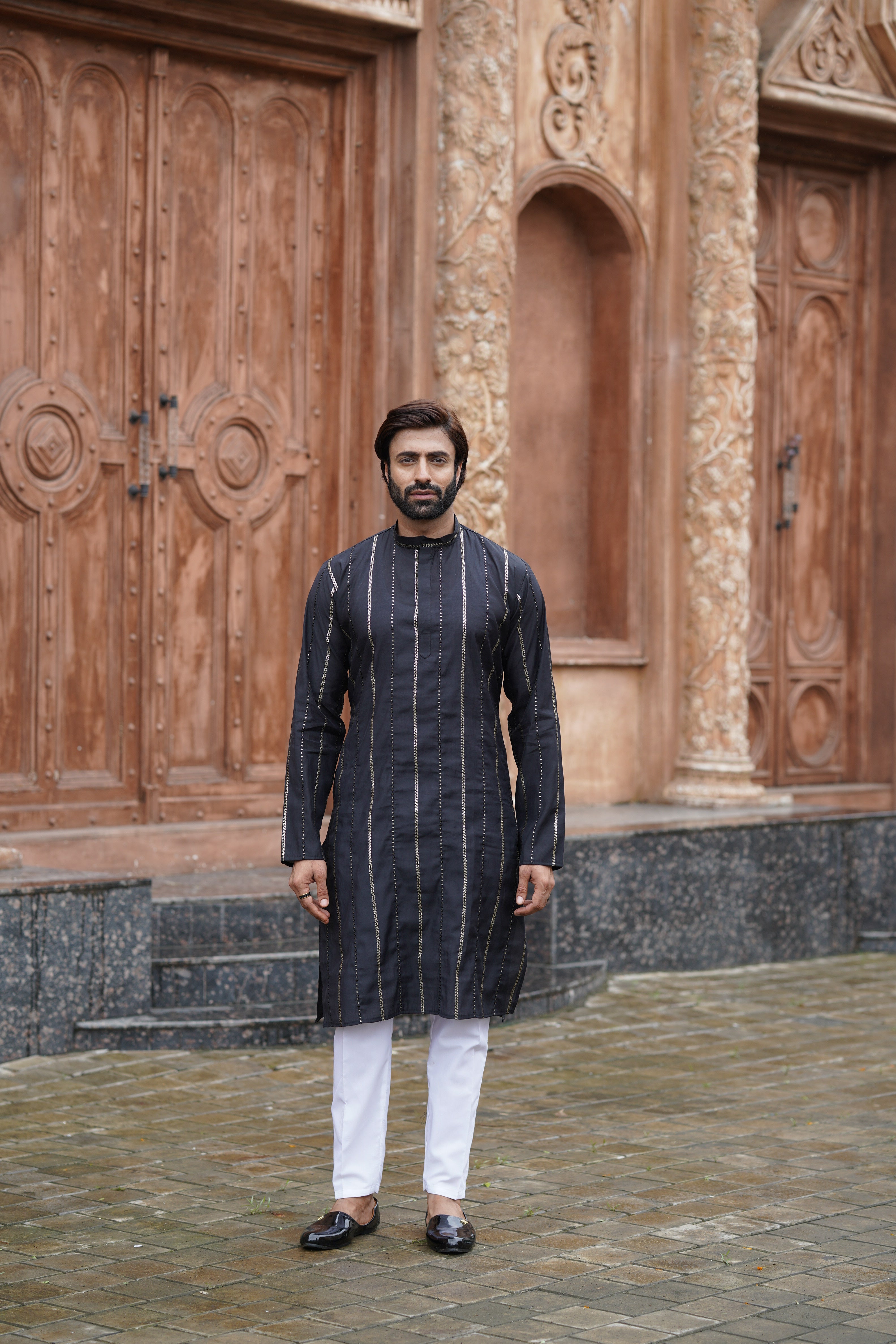 Black Vertical Sequin Embroidered Men's Kurta Set in Silk Blend