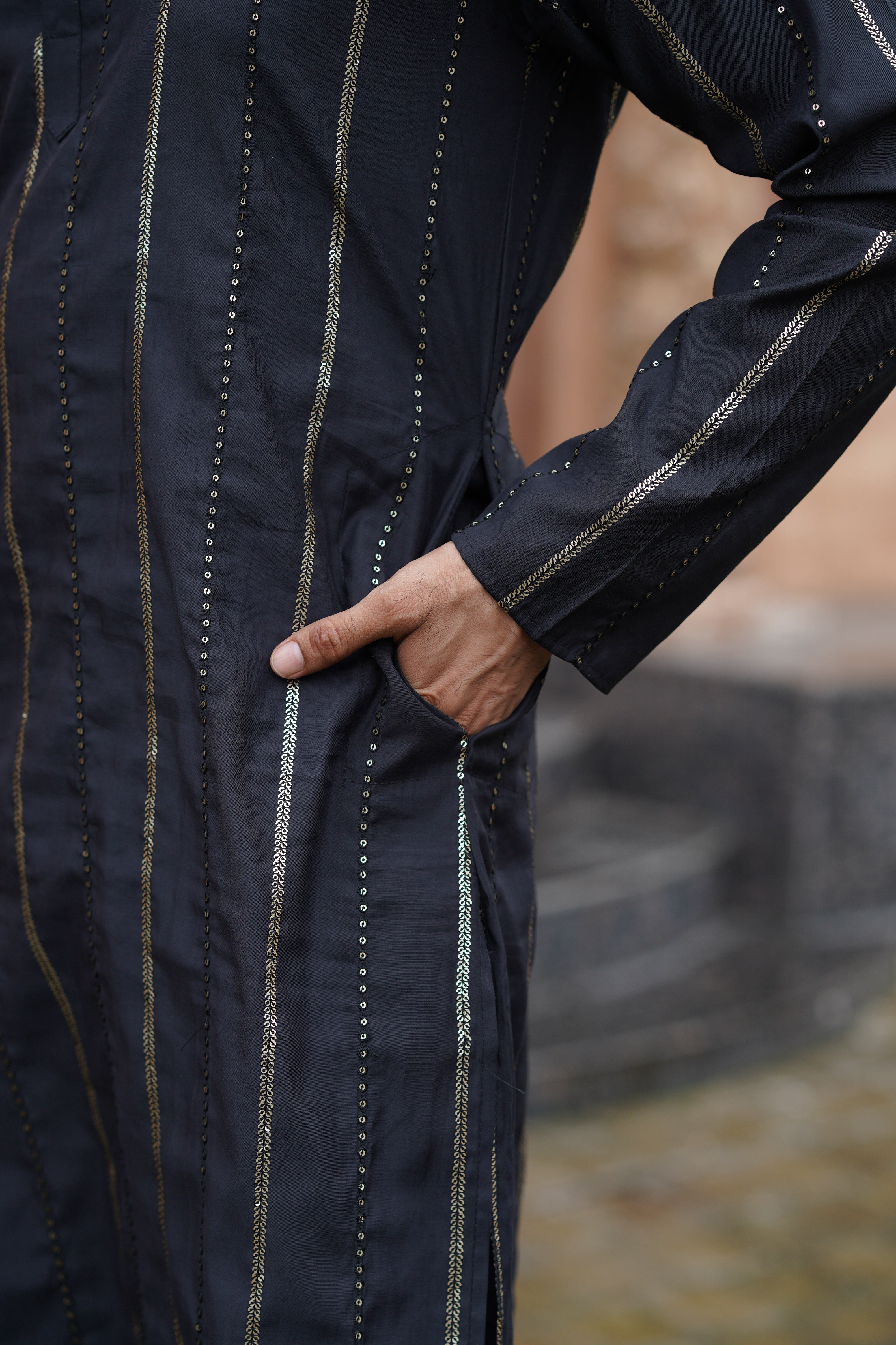 Black Vertical Sequin Embroidered Men's Kurta Set in Silk Blend