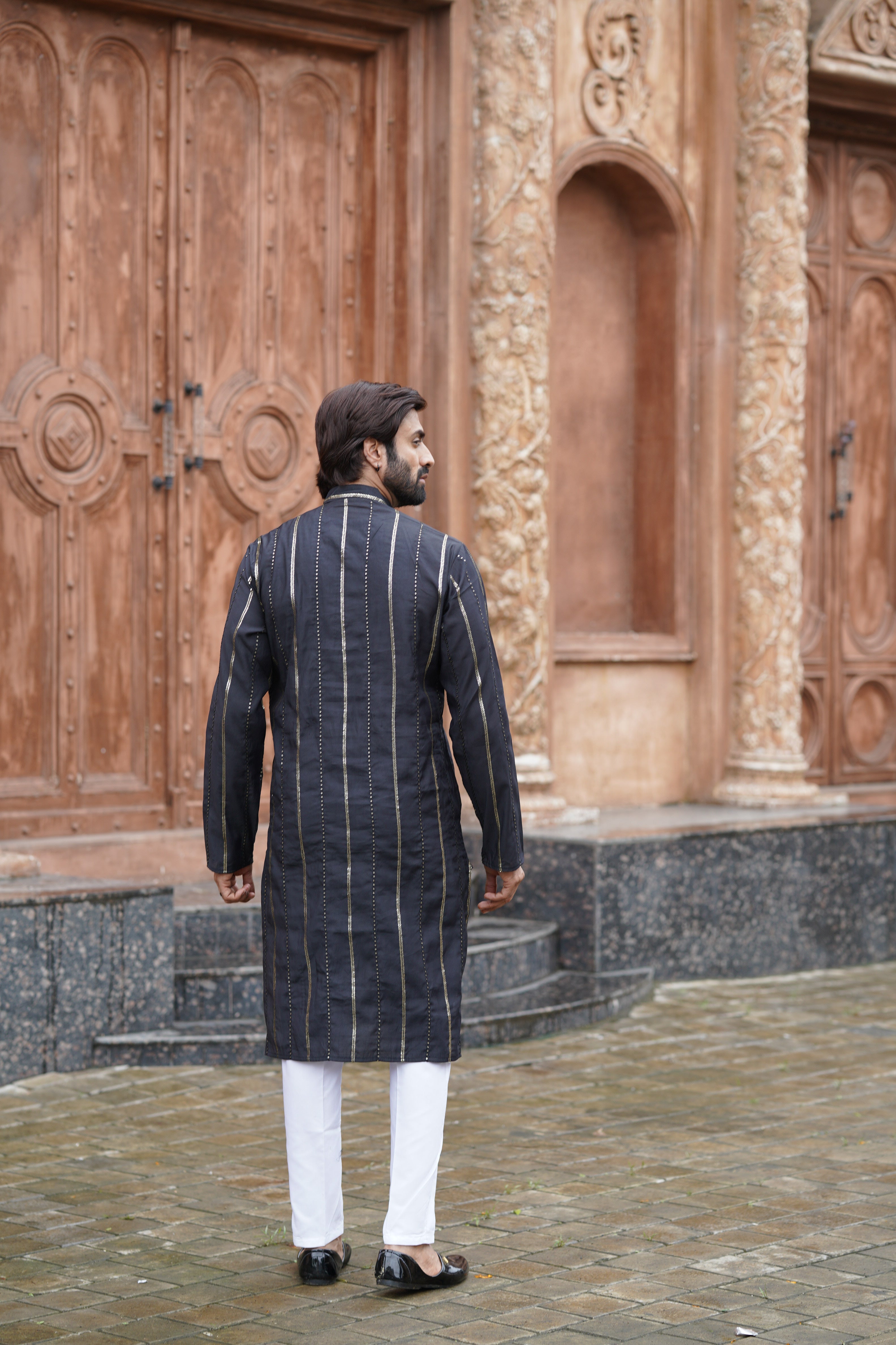 Black Vertical Sequin Embroidered Men's Kurta Set in Silk Blend
