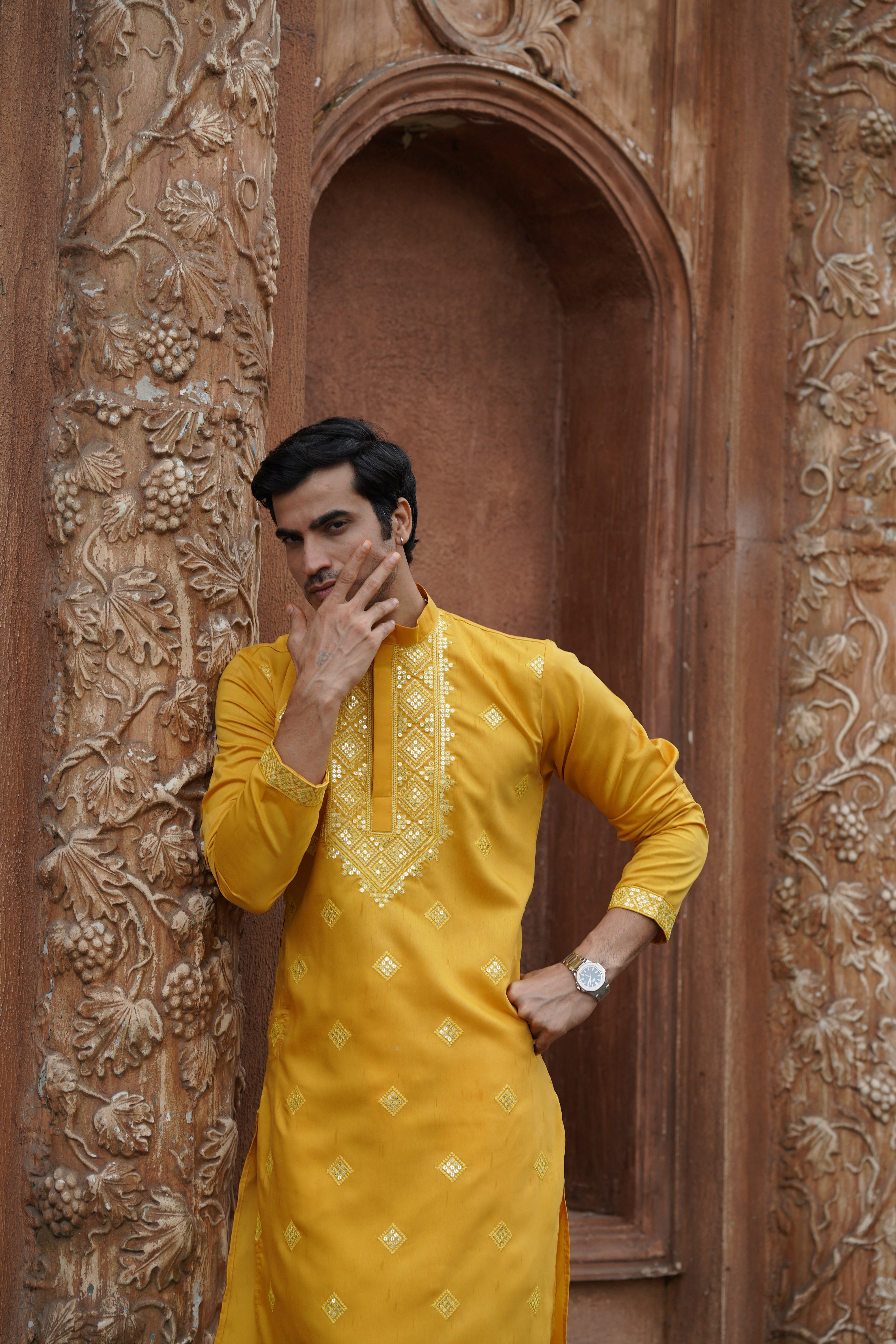 Mustard All-Over Mirror Embroidered Kurta Set for Men