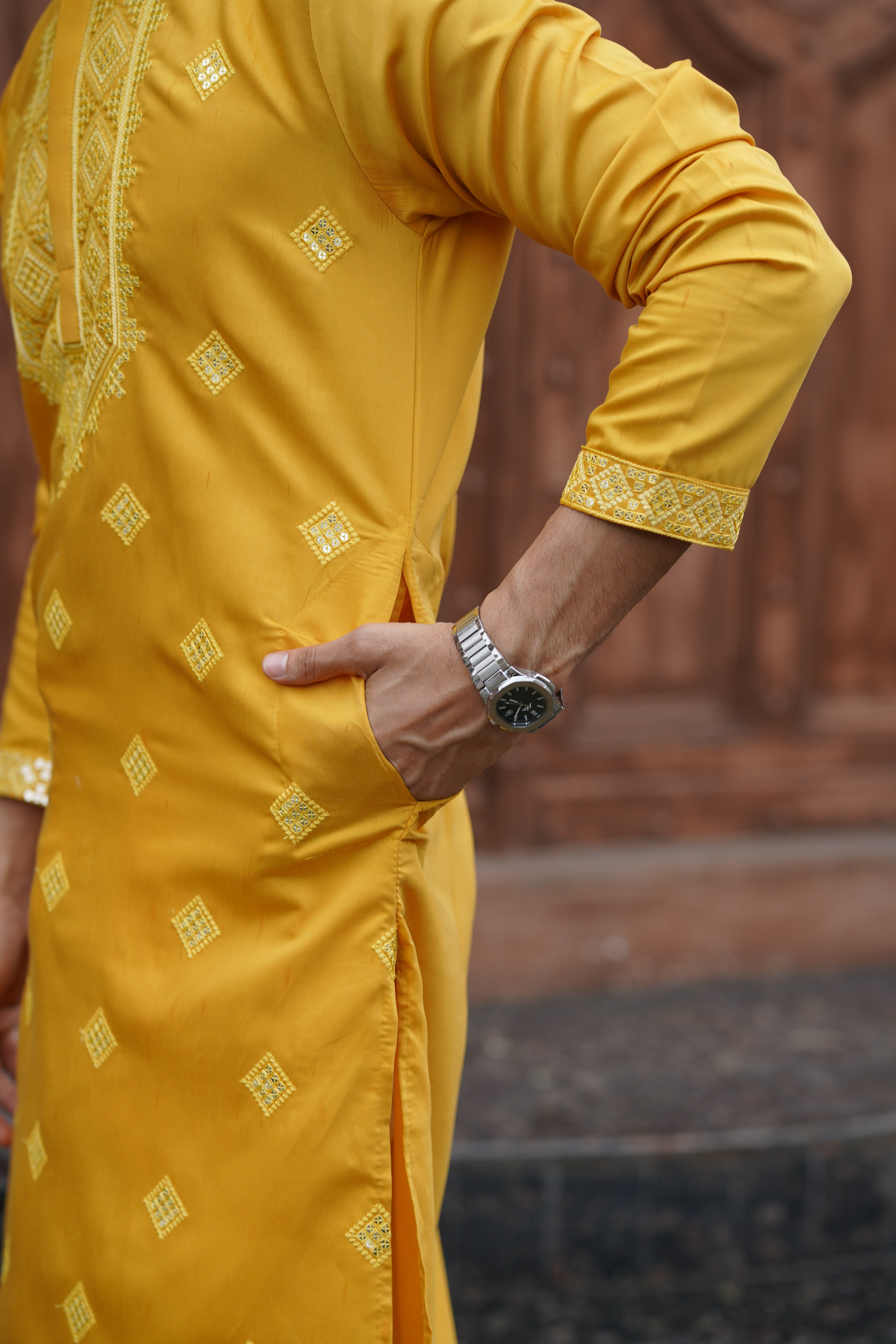 Mustard All-Over Mirror Embroidered Kurta Set for Men