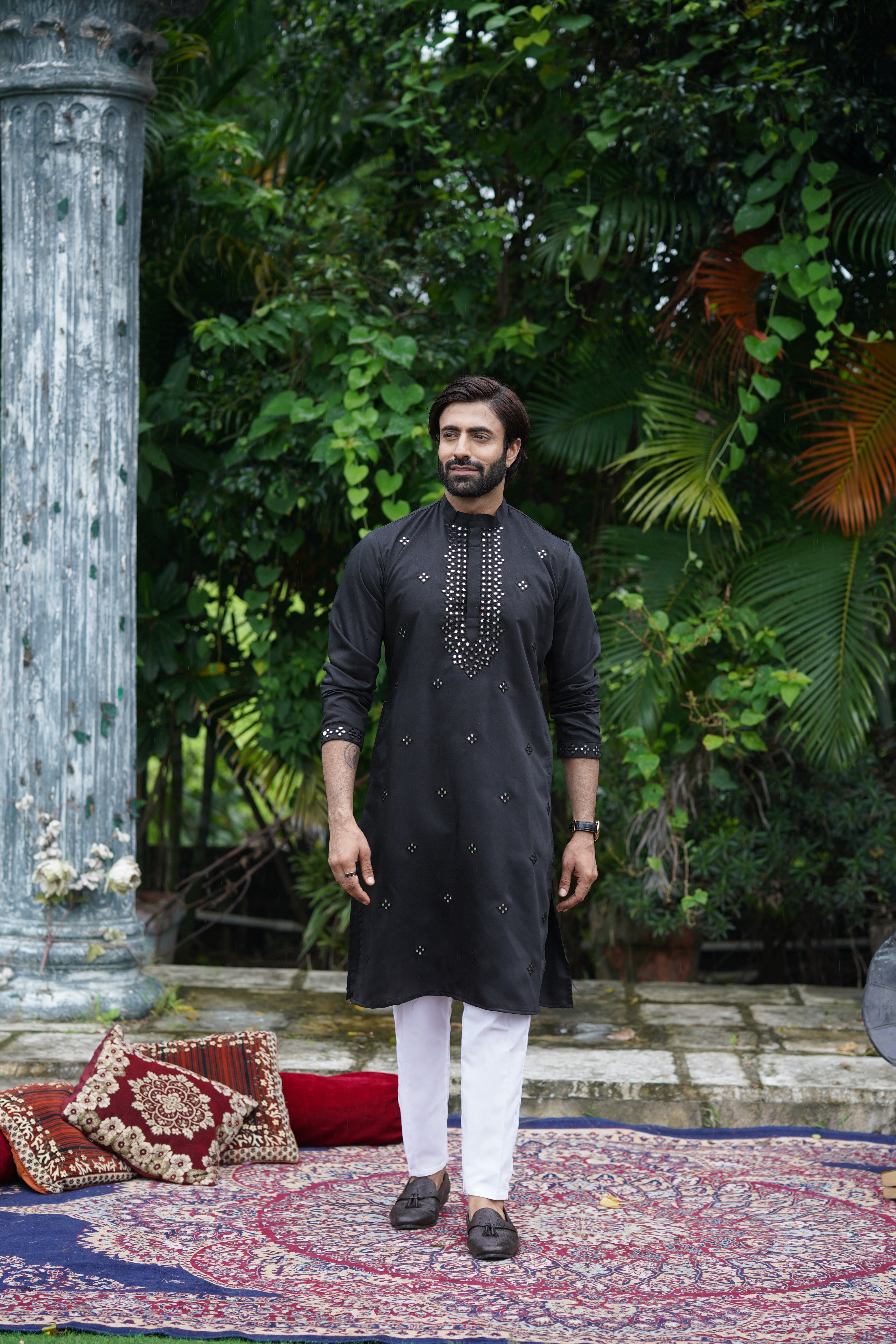Black Festive Mirror Embroidered Cotton Kurta Set for Men