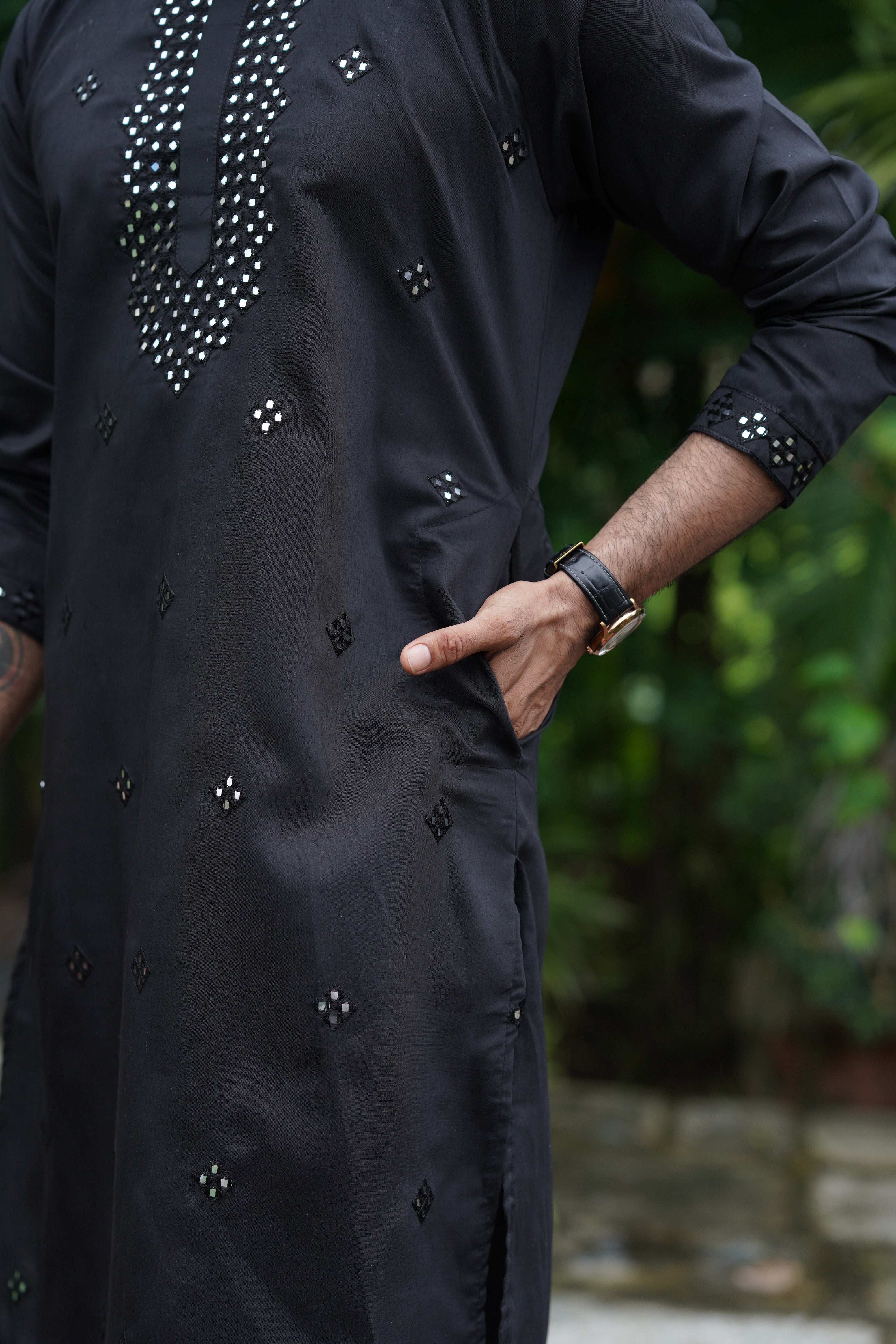 Black Festive Mirror Embroidered Cotton Kurta Set for Men