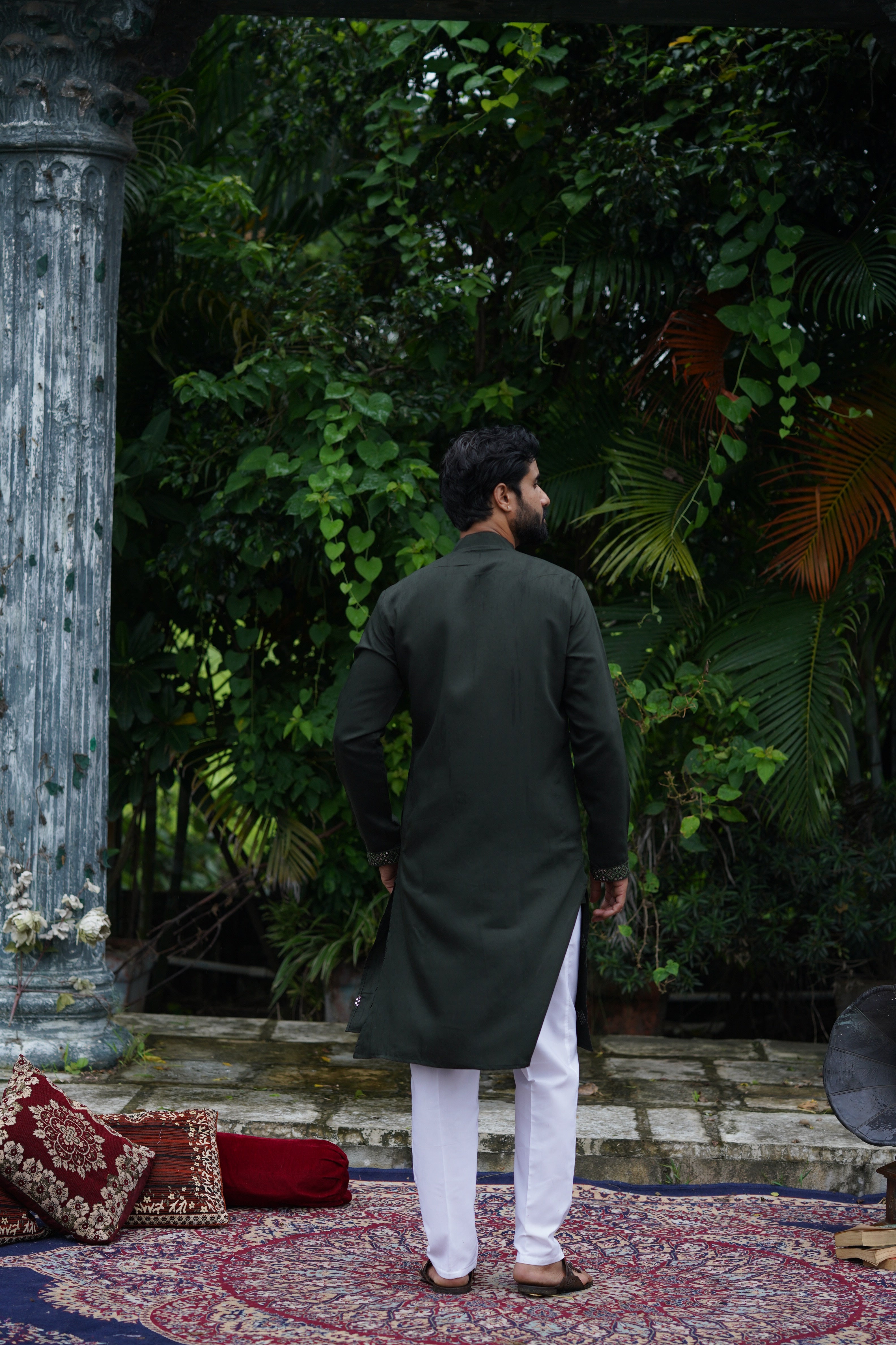 Olive All-Over Mirror Embroidered Kurta Set for Men