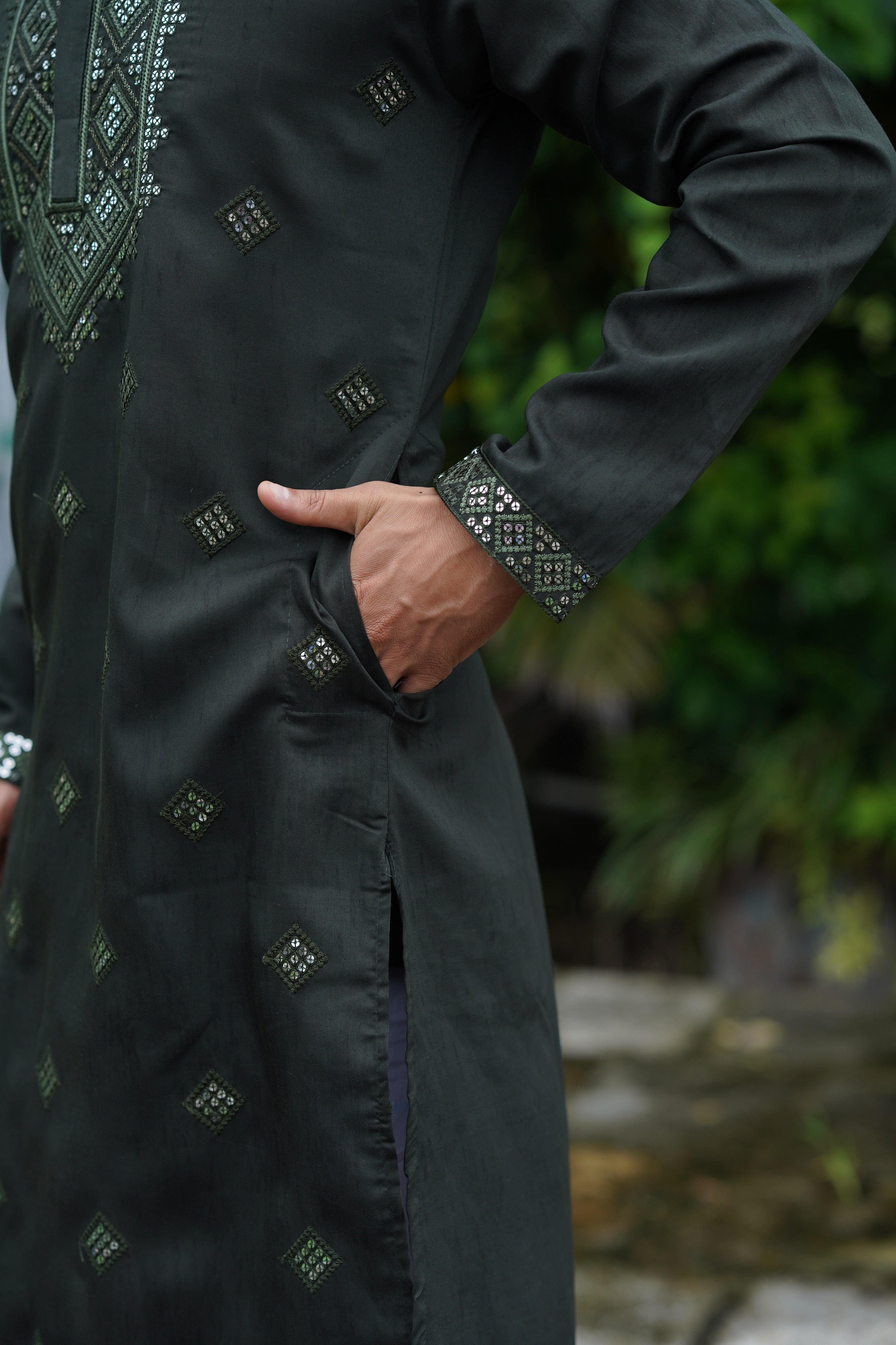 Olive All-Over Mirror Embroidered Kurta Set for Men