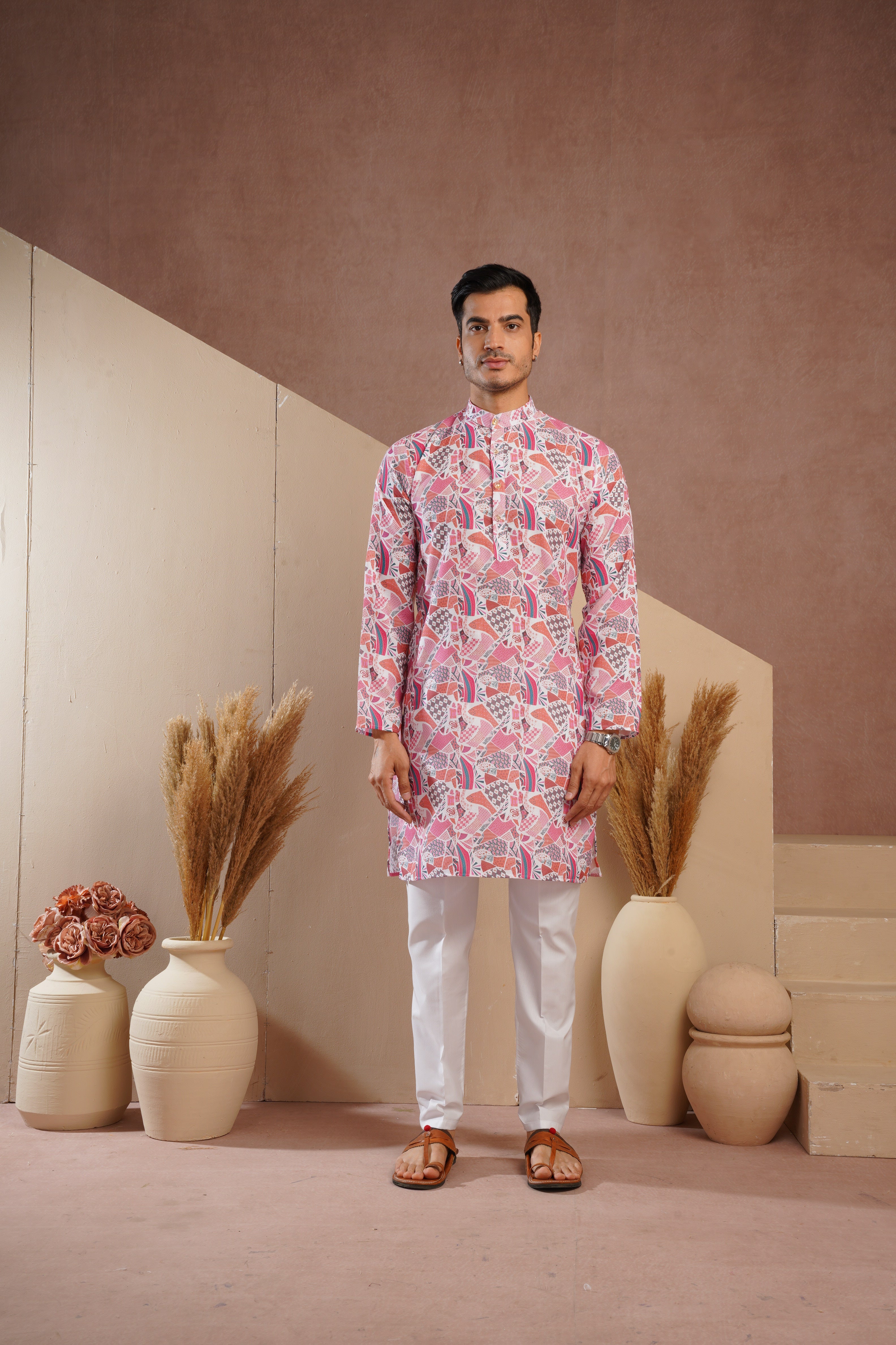 Red Multicolour Shades Abstract Print Kurta Set