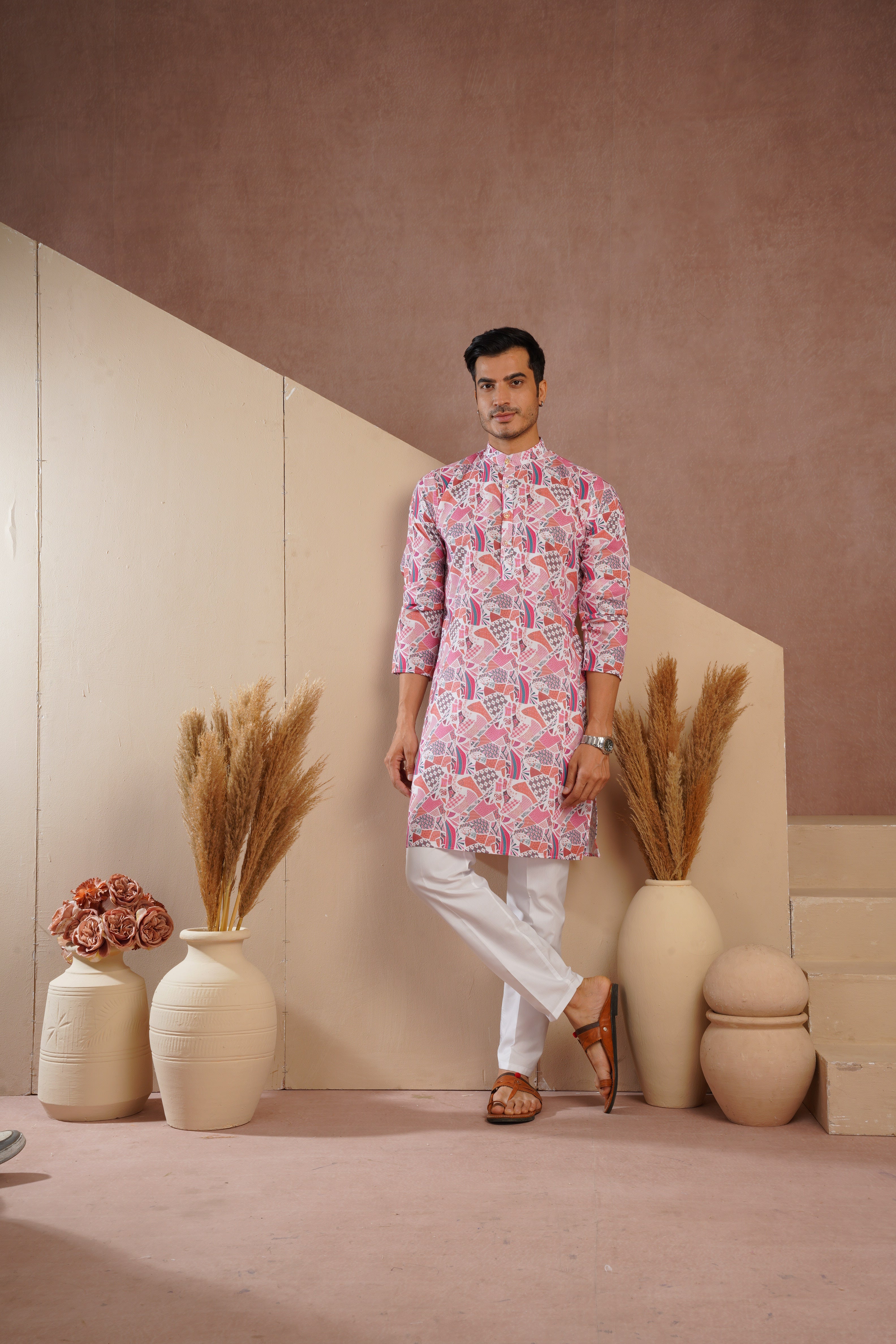 Red Multicolour Shades Abstract Print Kurta Set