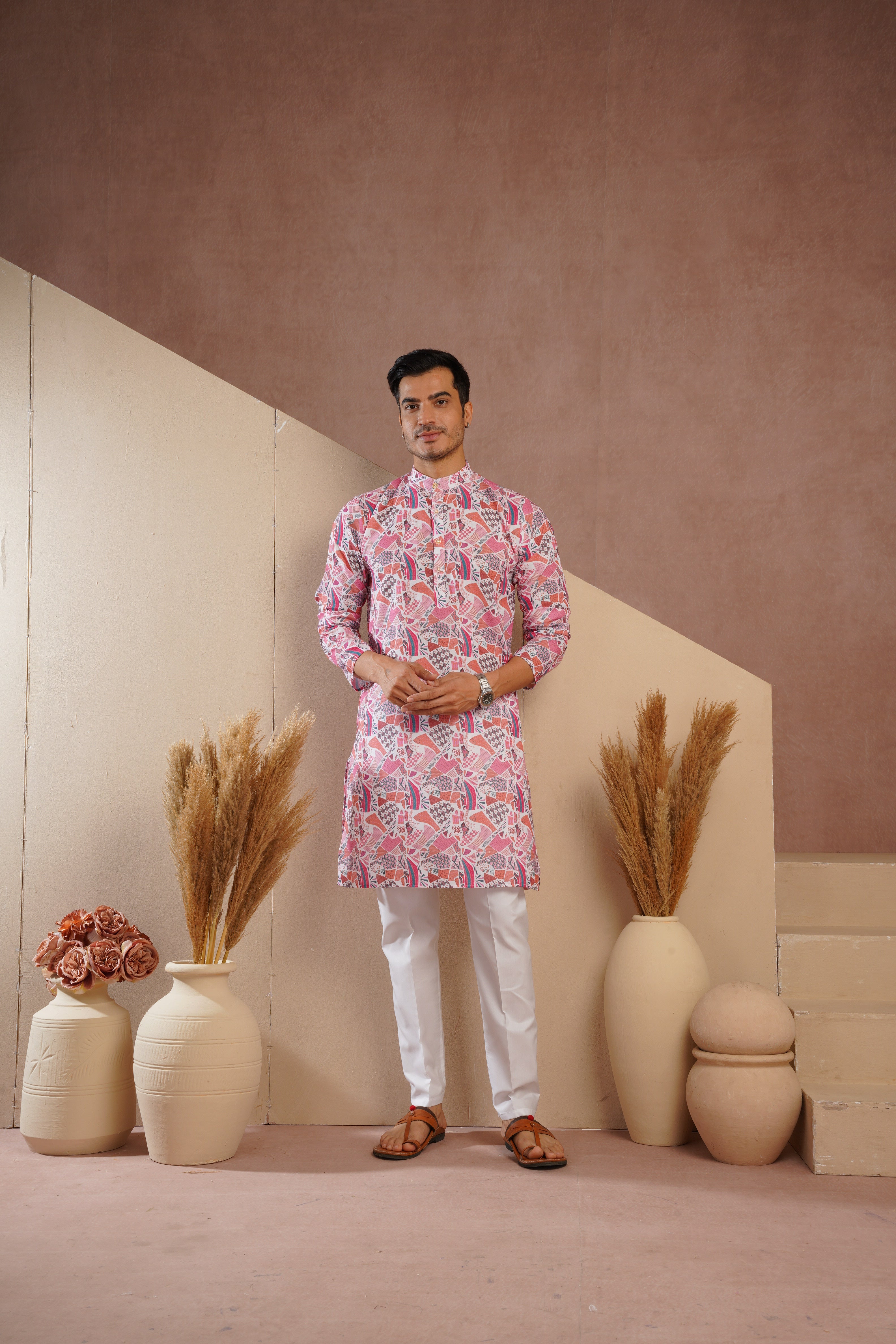 Red Multicolour Shades Abstract Print Kurta Set
