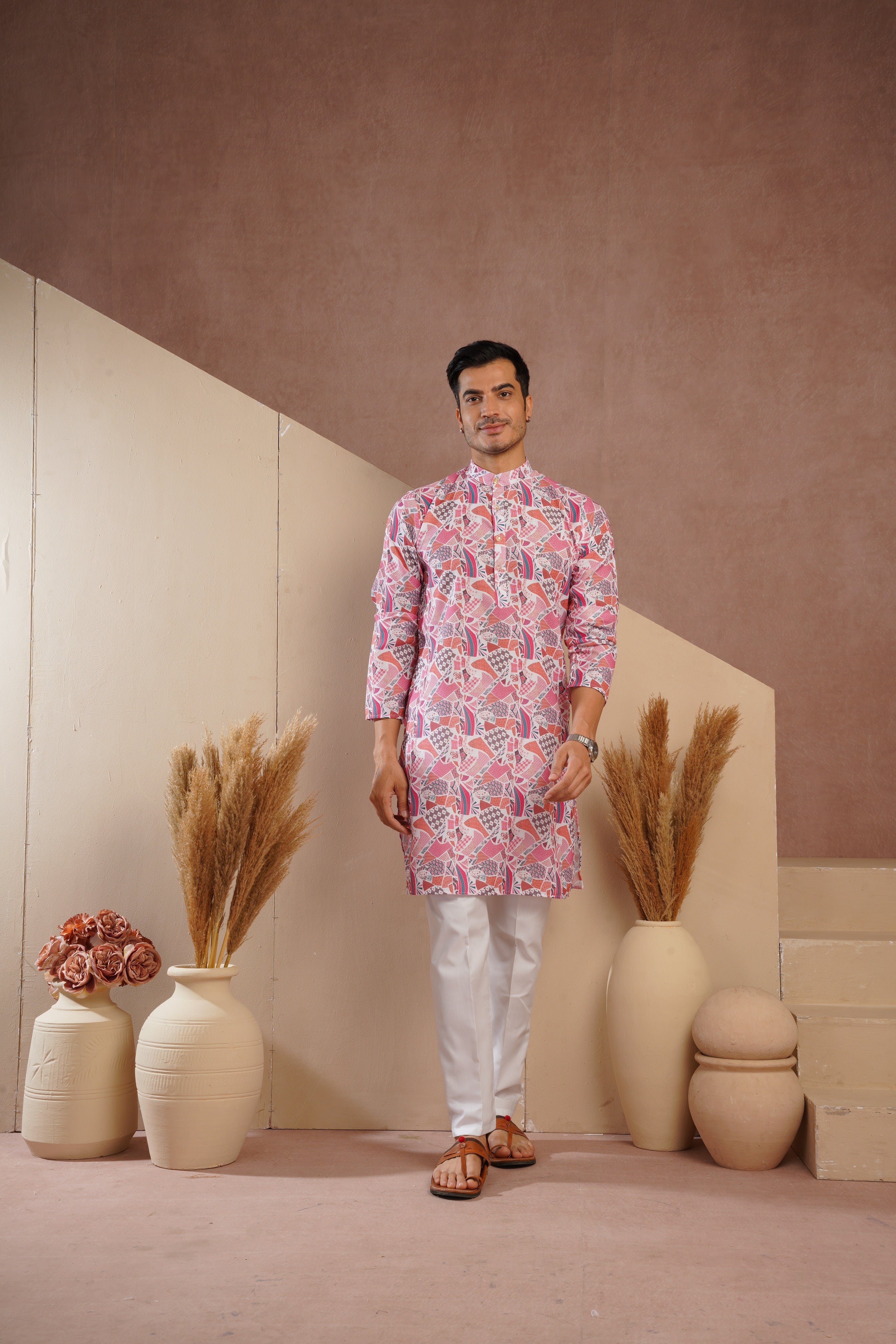 Red Multicolour Shades Abstract Print Kurta Set