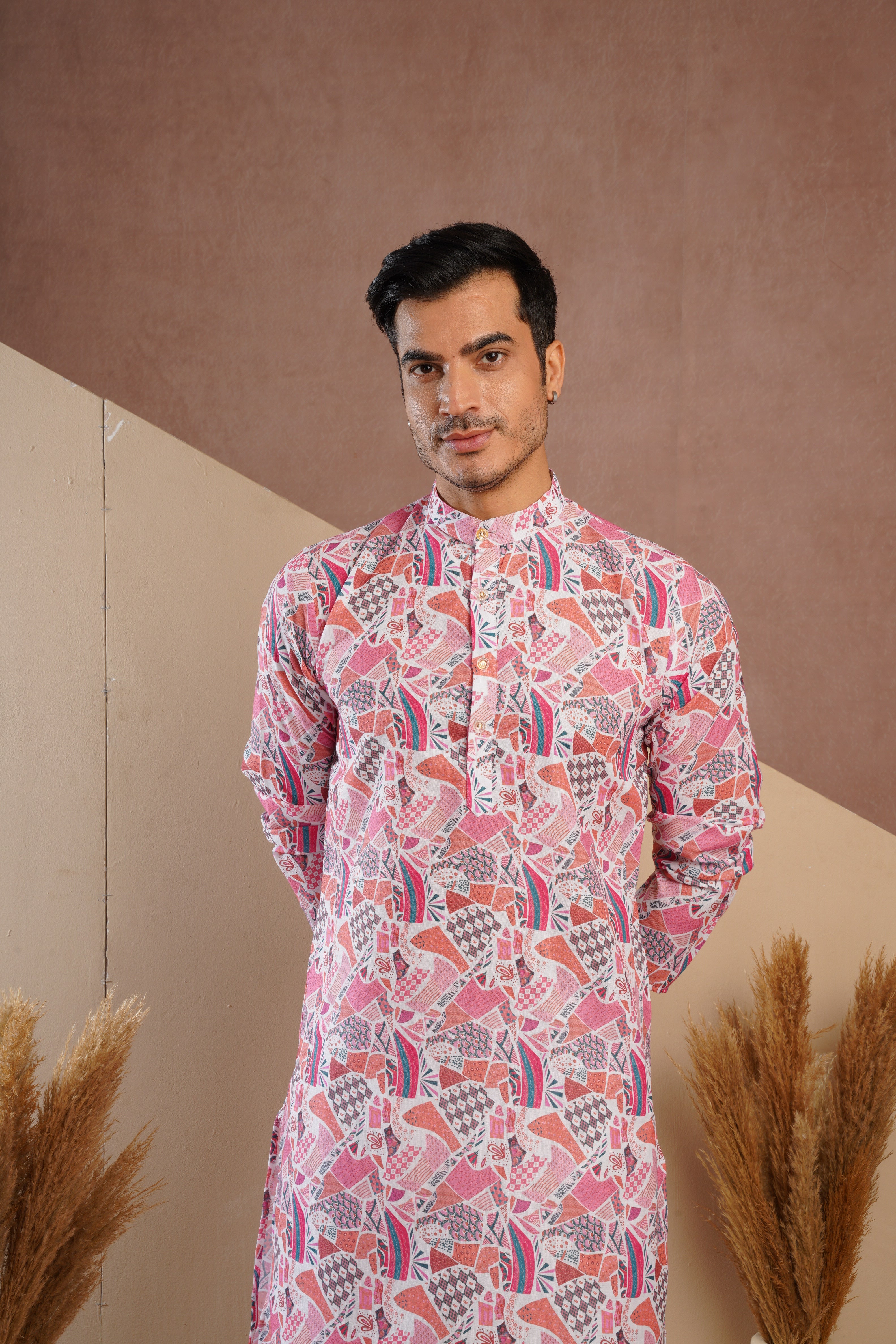 Red Multicolour Shades Abstract Print Kurta Set