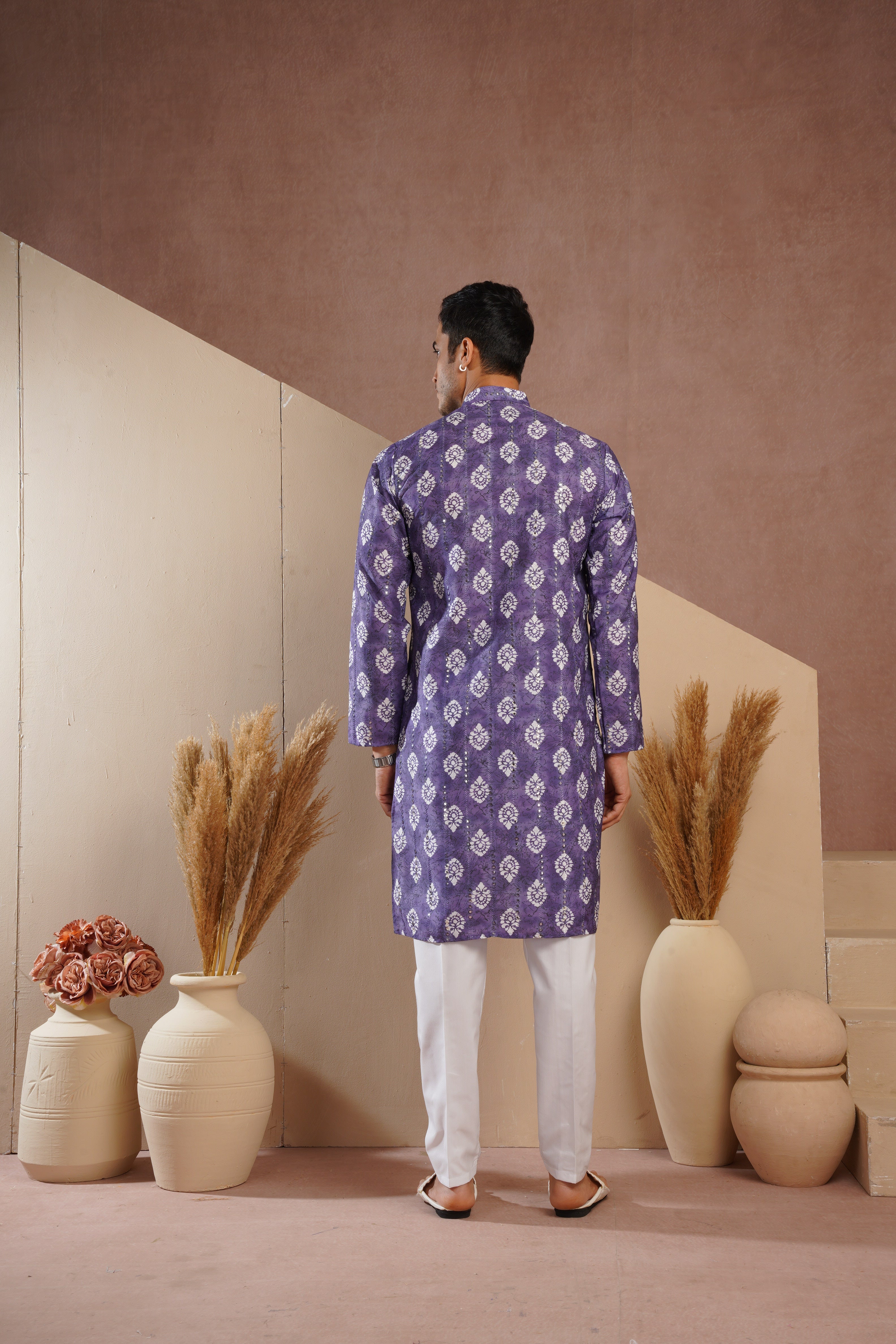 Purple Ethnic Block Print Kurta set with sequin highlights