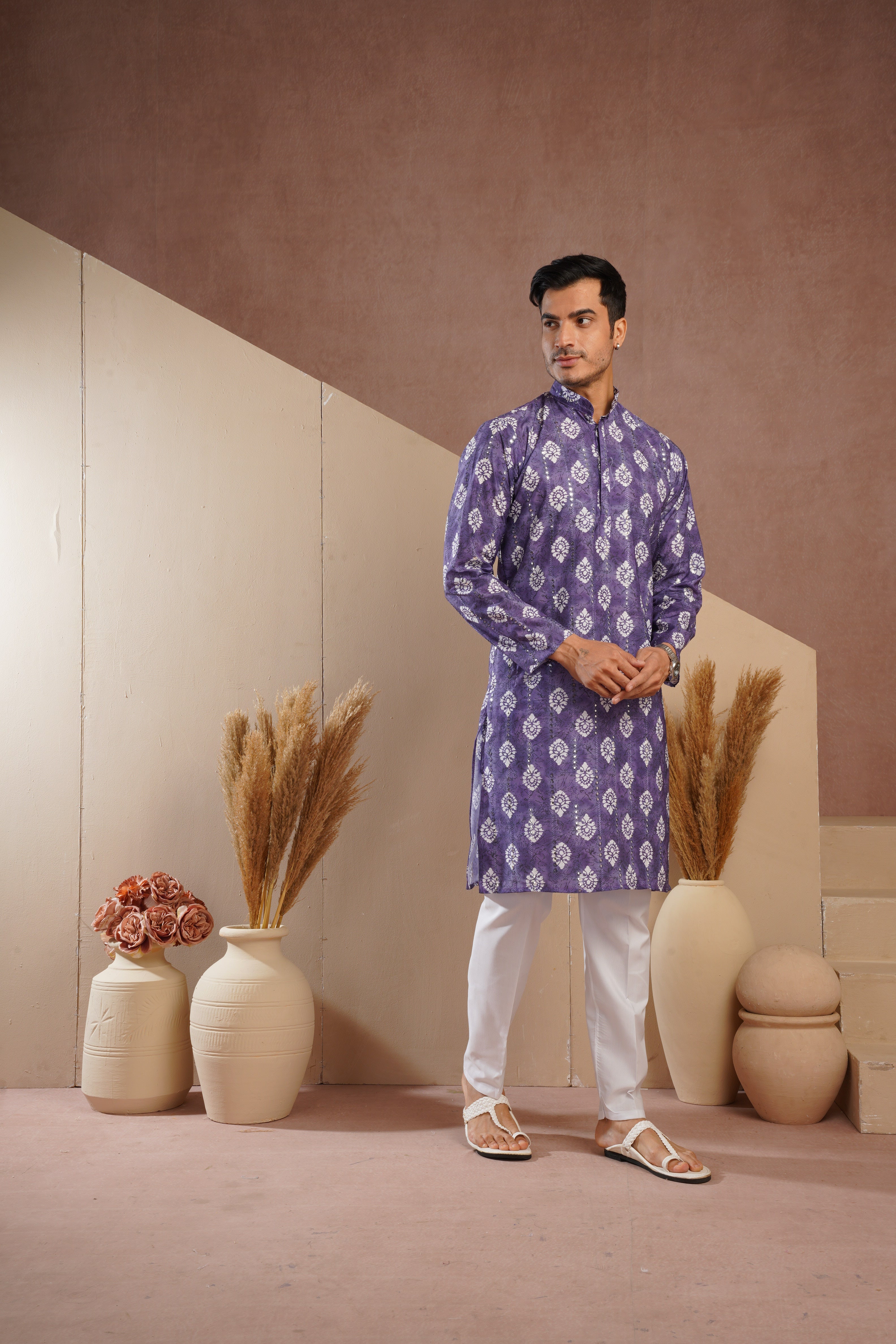 Purple Ethnic Block Print Kurta set with sequin highlights