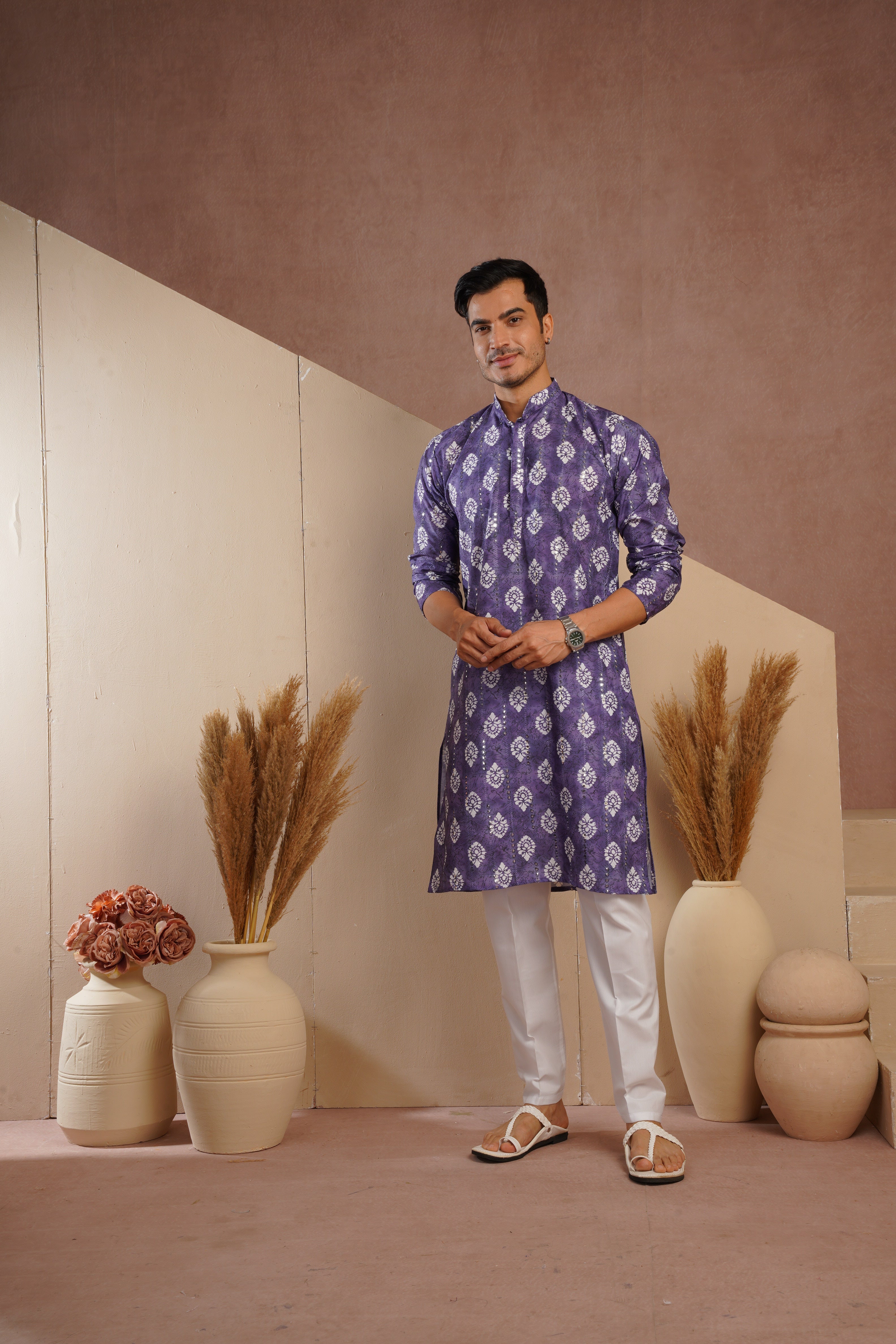 Purple Ethnic Block Print Kurta set with sequin highlights