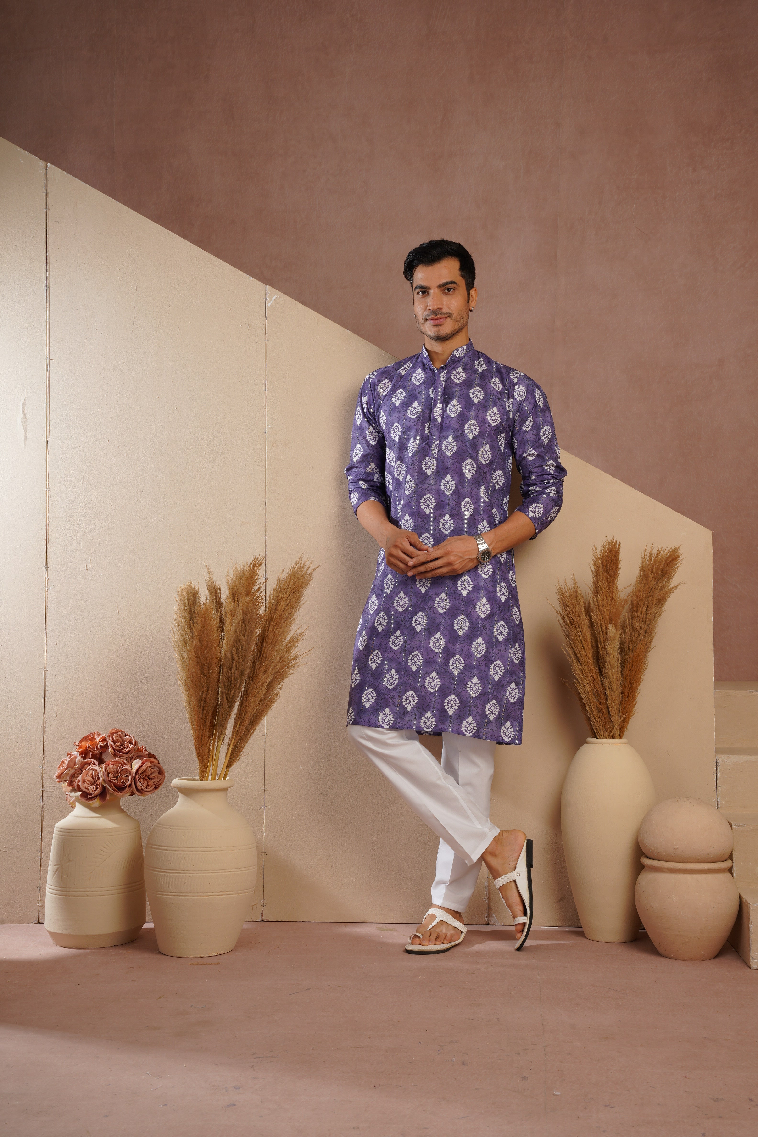 Purple Ethnic Block Print Kurta set with sequin highlights