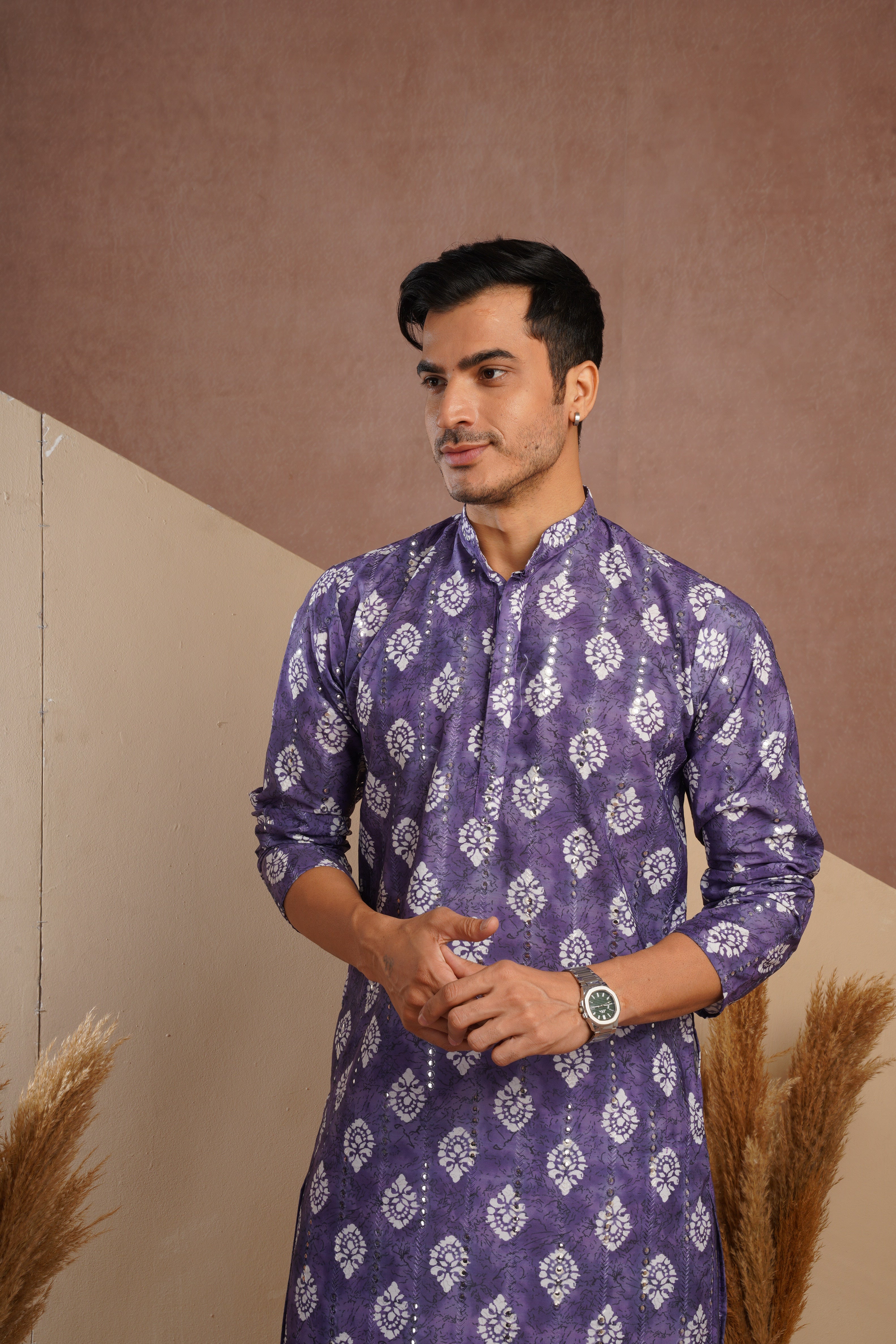 Purple Ethnic Block Print Kurta set with sequin highlights