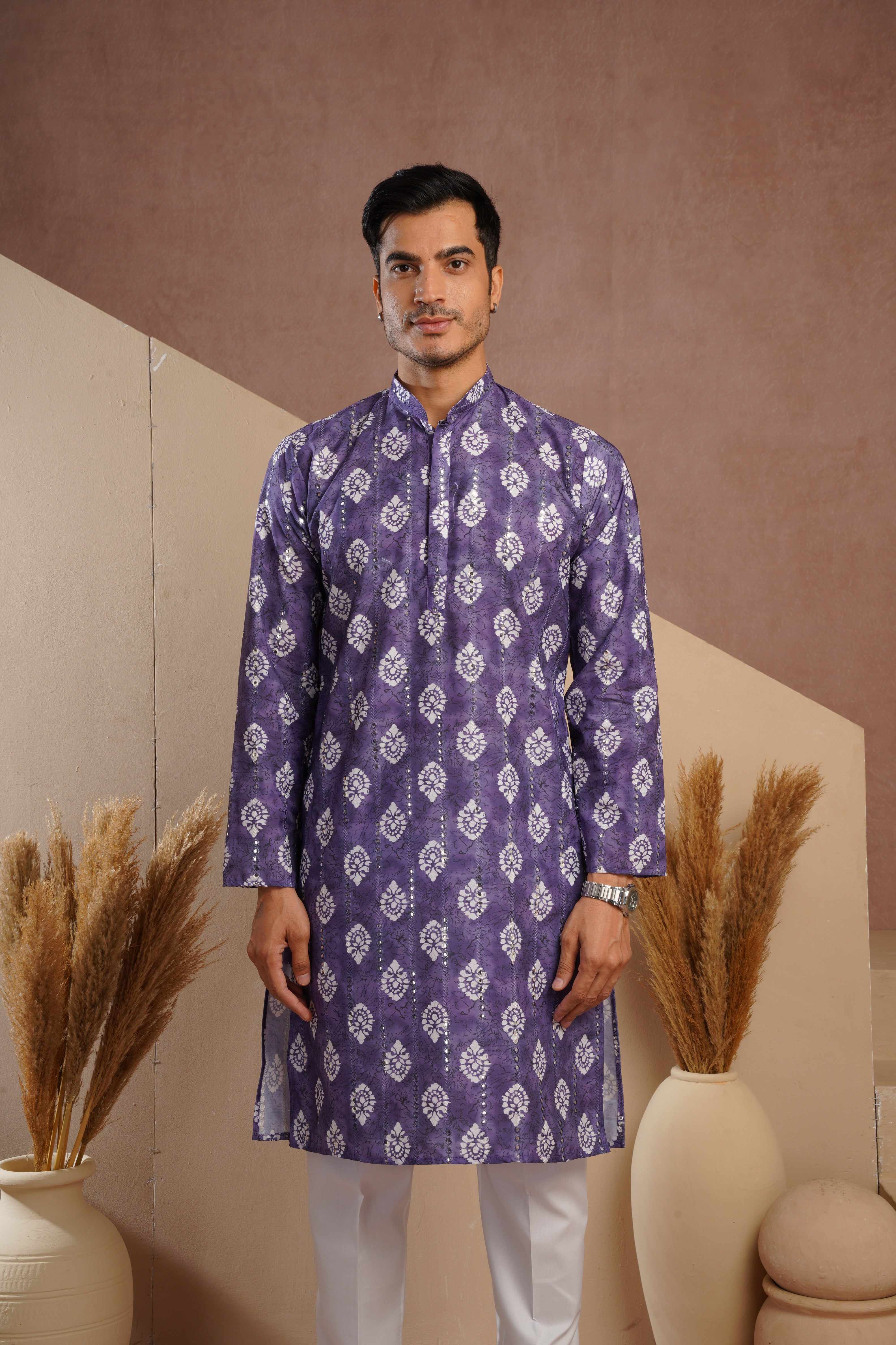 Purple Ethnic Block Print Kurta set with sequin highlights