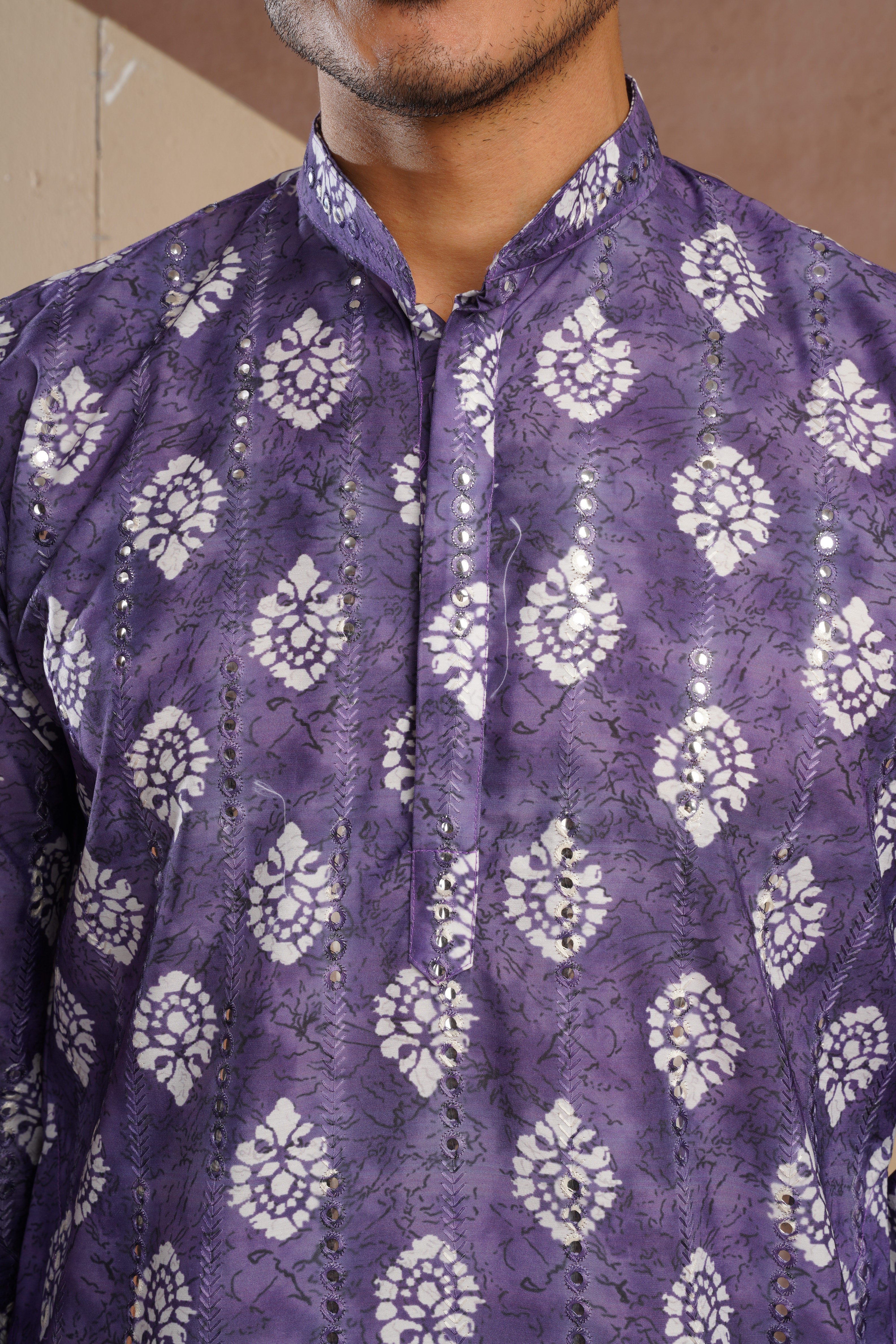 Purple Ethnic Block Print Kurta set with sequin highlights