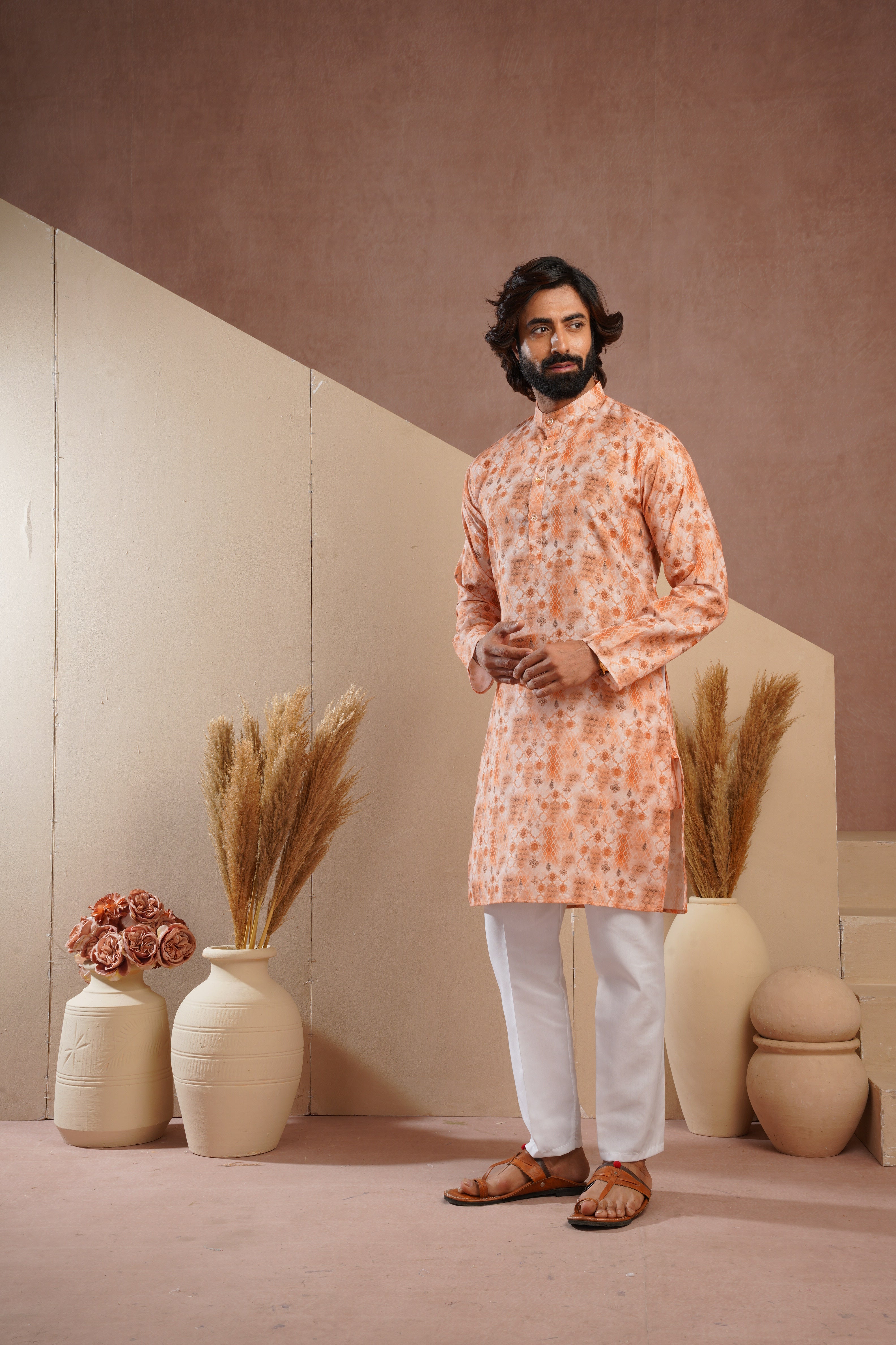 Classic Yellow All-Over Print Kurta Set for Mens