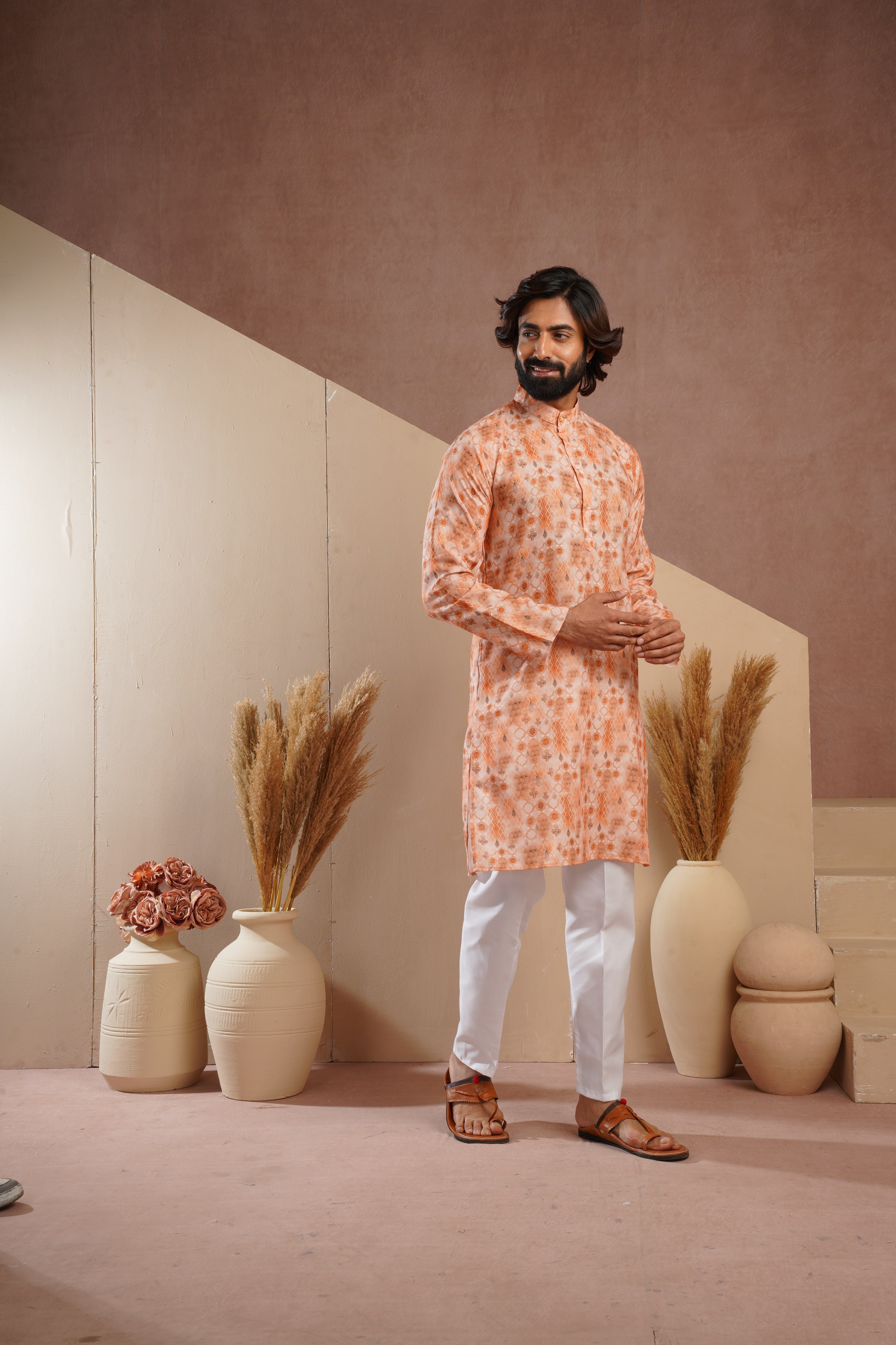 Classic Yellow All-Over Print Kurta Set for Mens