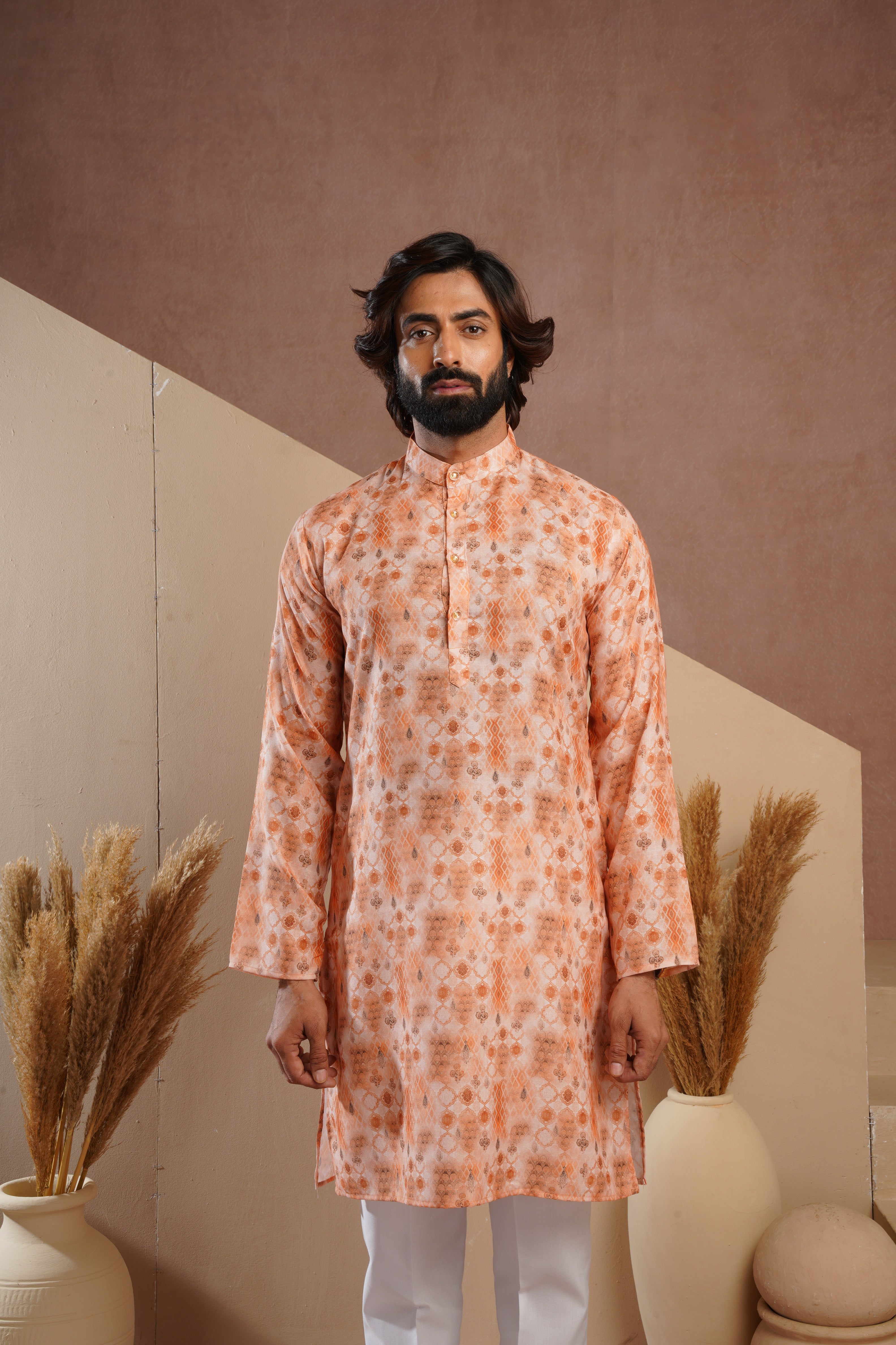 Classic Yellow All-Over Print Kurta Set for Mens