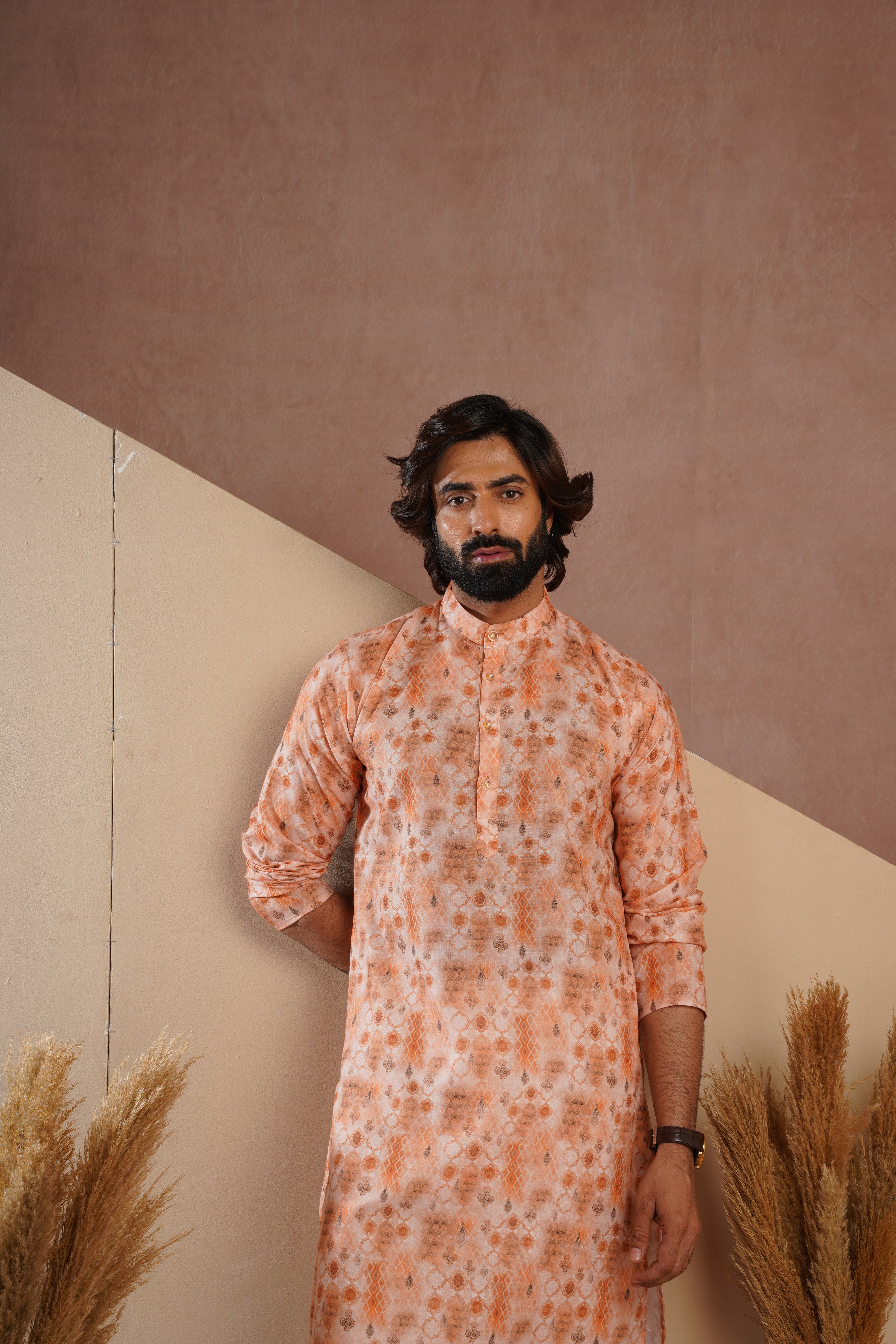 Classic Yellow All-Over Print Kurta Set for Mens