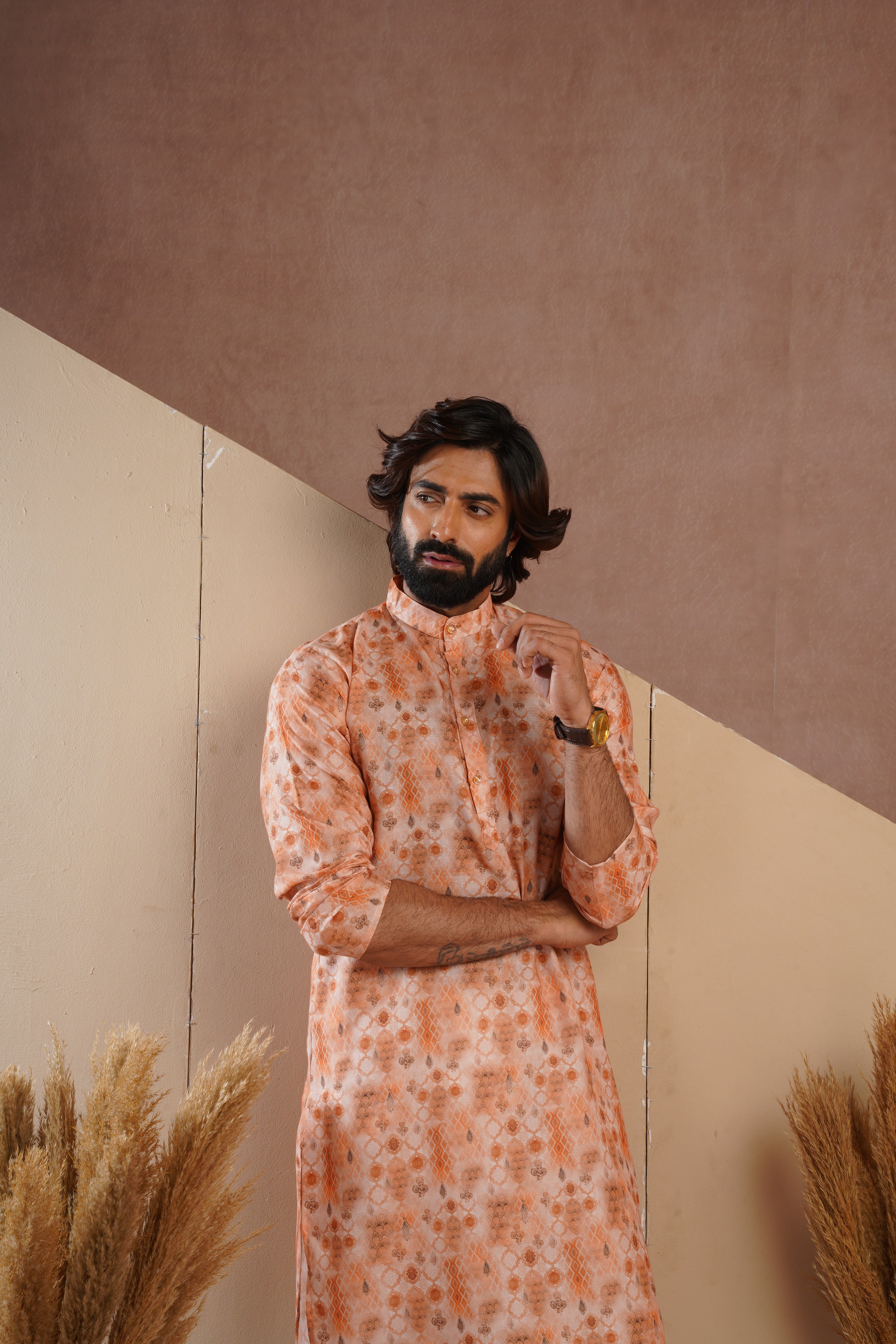 Classic Yellow All-Over Print Kurta Set for Mens