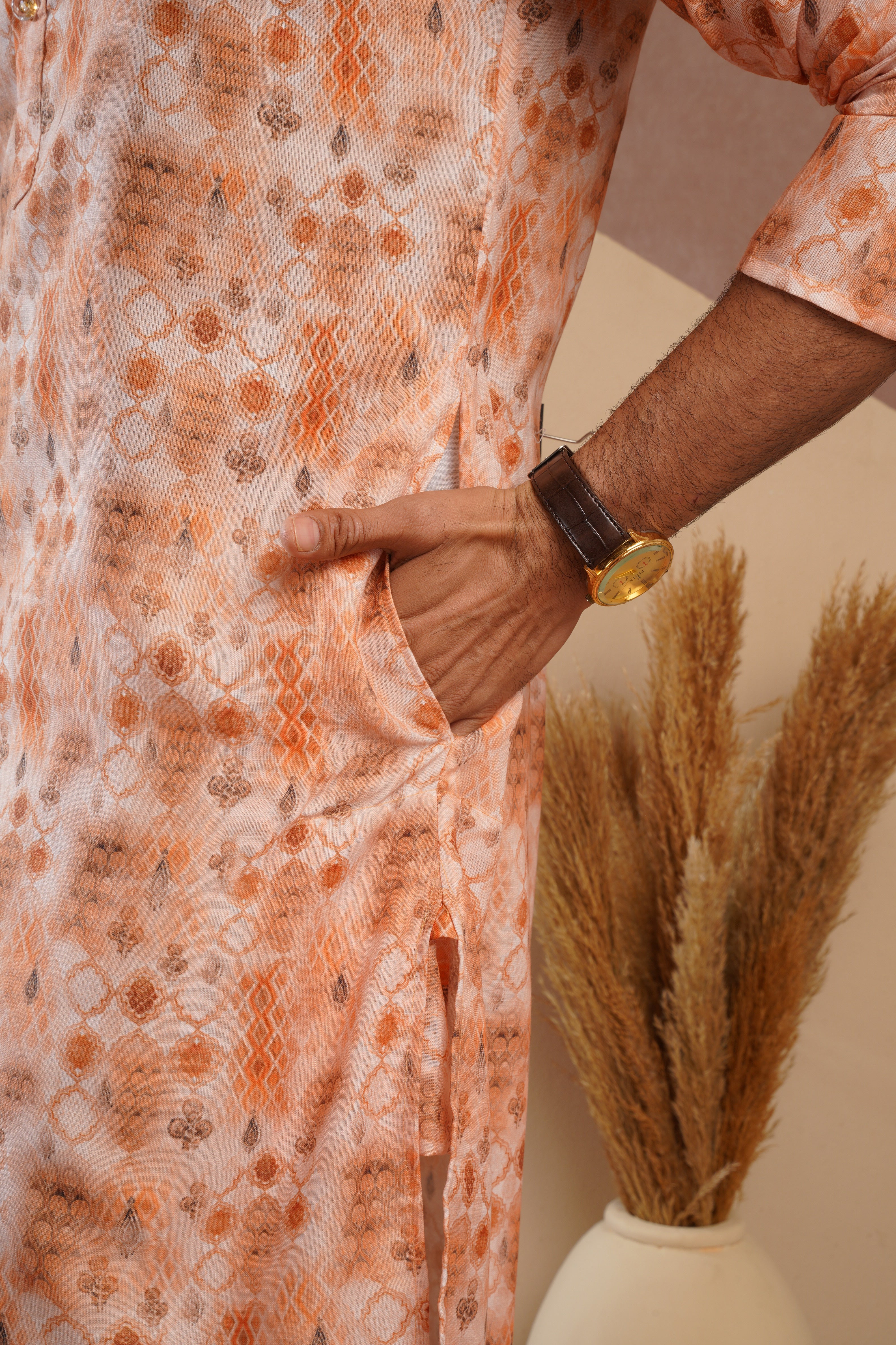 Classic Yellow All-Over Print Kurta Set for Mens