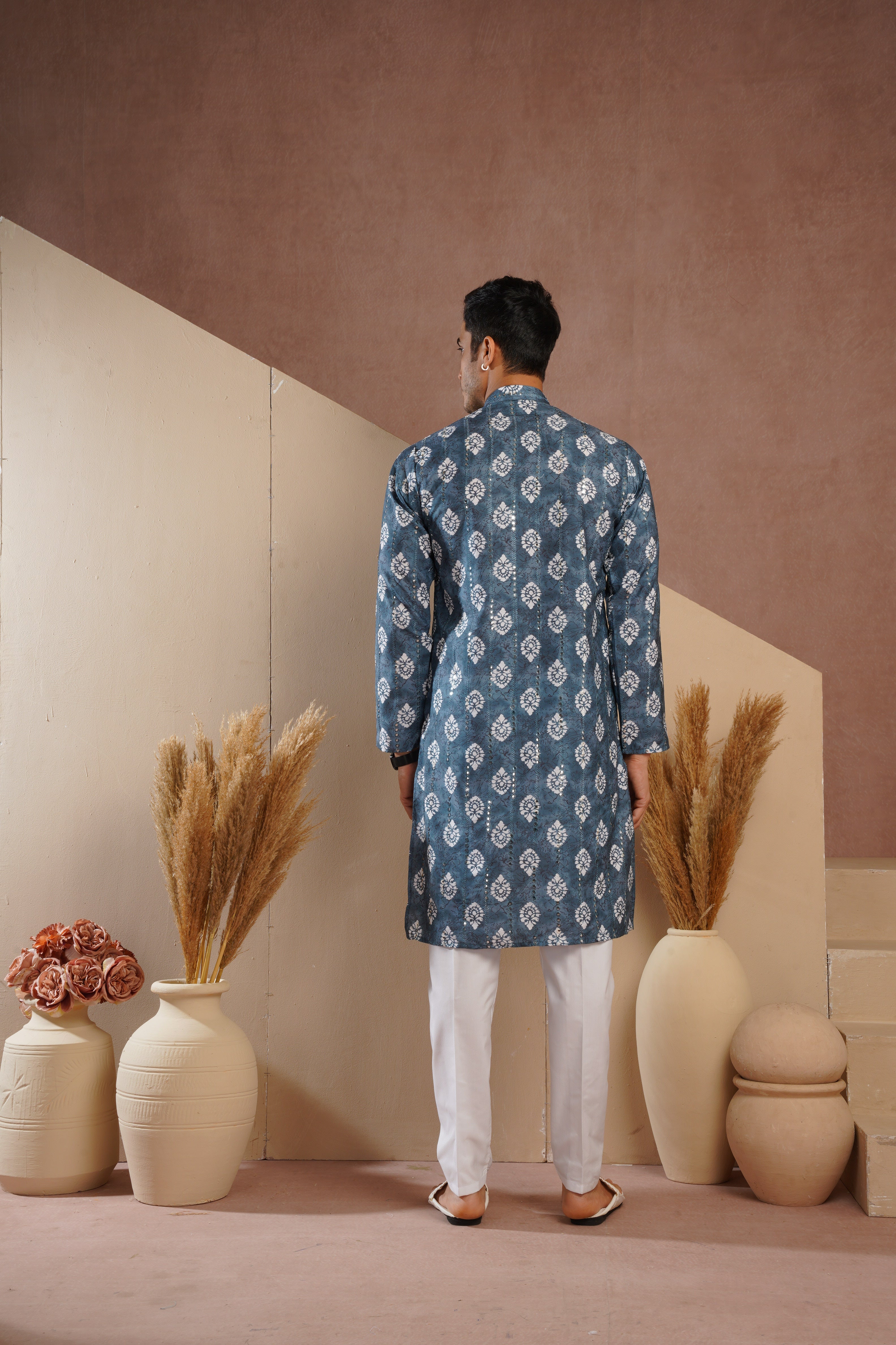 Blue Ethnic Block Print Kurta set with sequin highlights