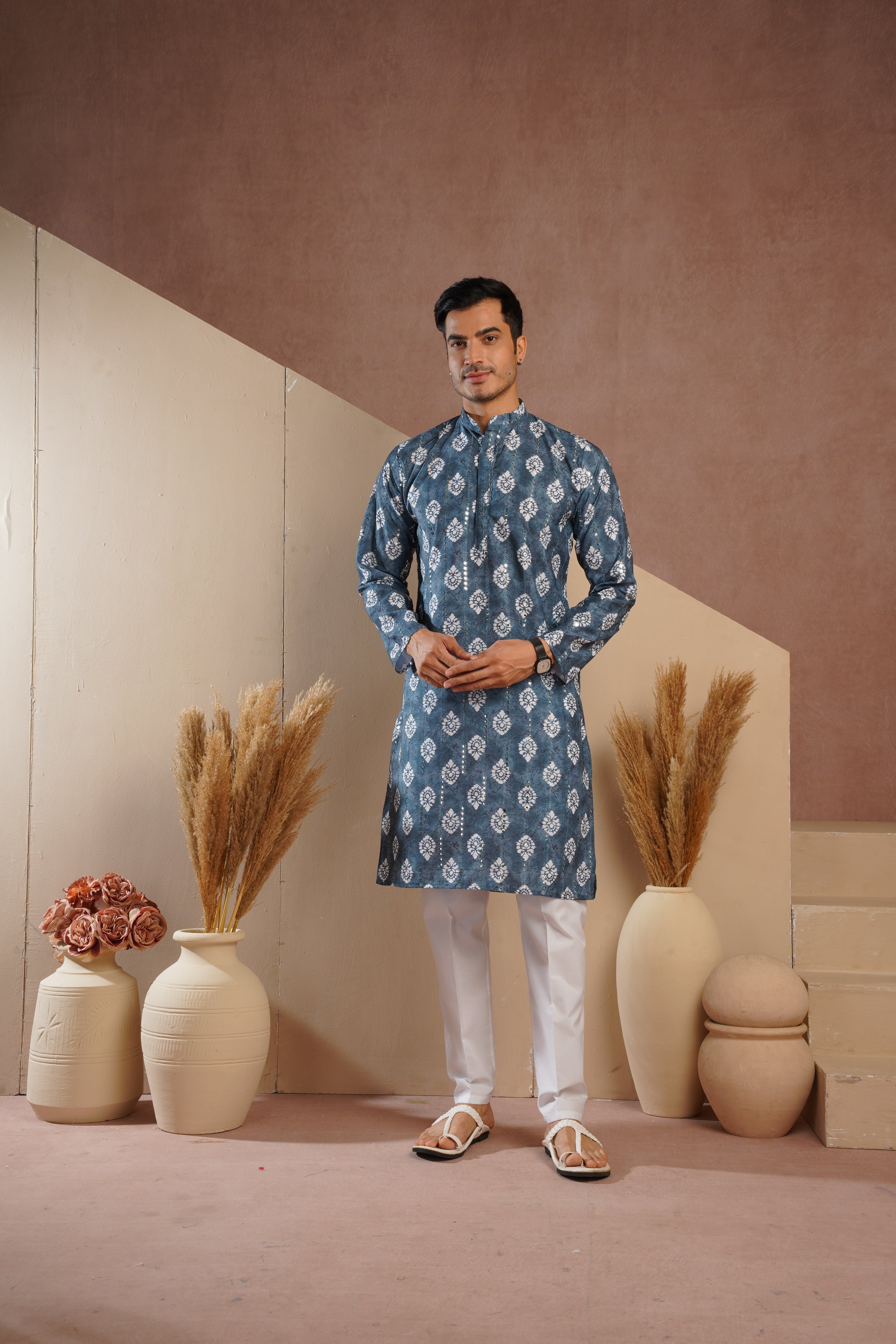 Blue Ethnic Block Print Kurta set with sequin highlights