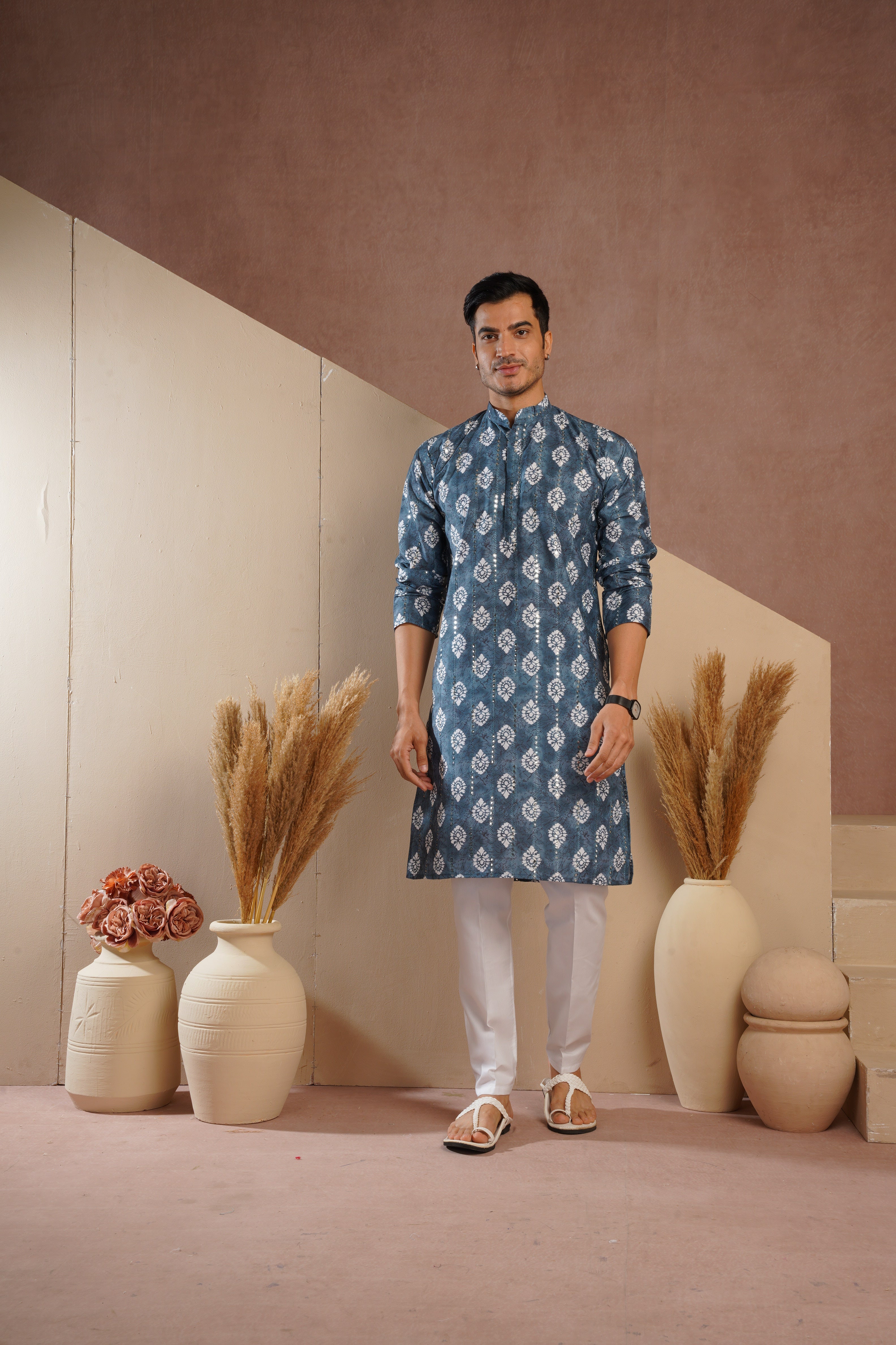 Blue Ethnic Block Print Kurta set with sequin highlights
