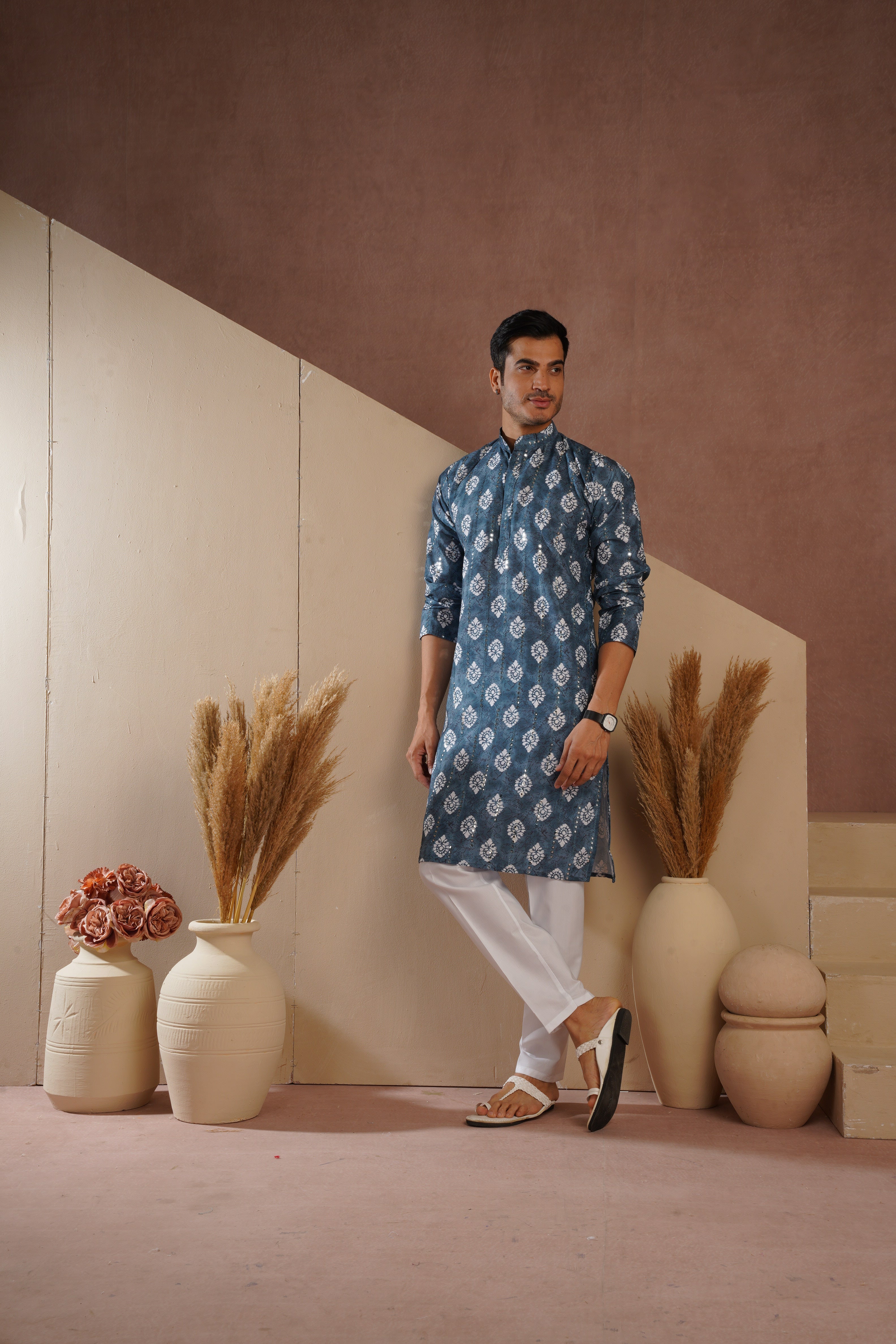 Blue Ethnic Block Print Kurta set with sequin highlights