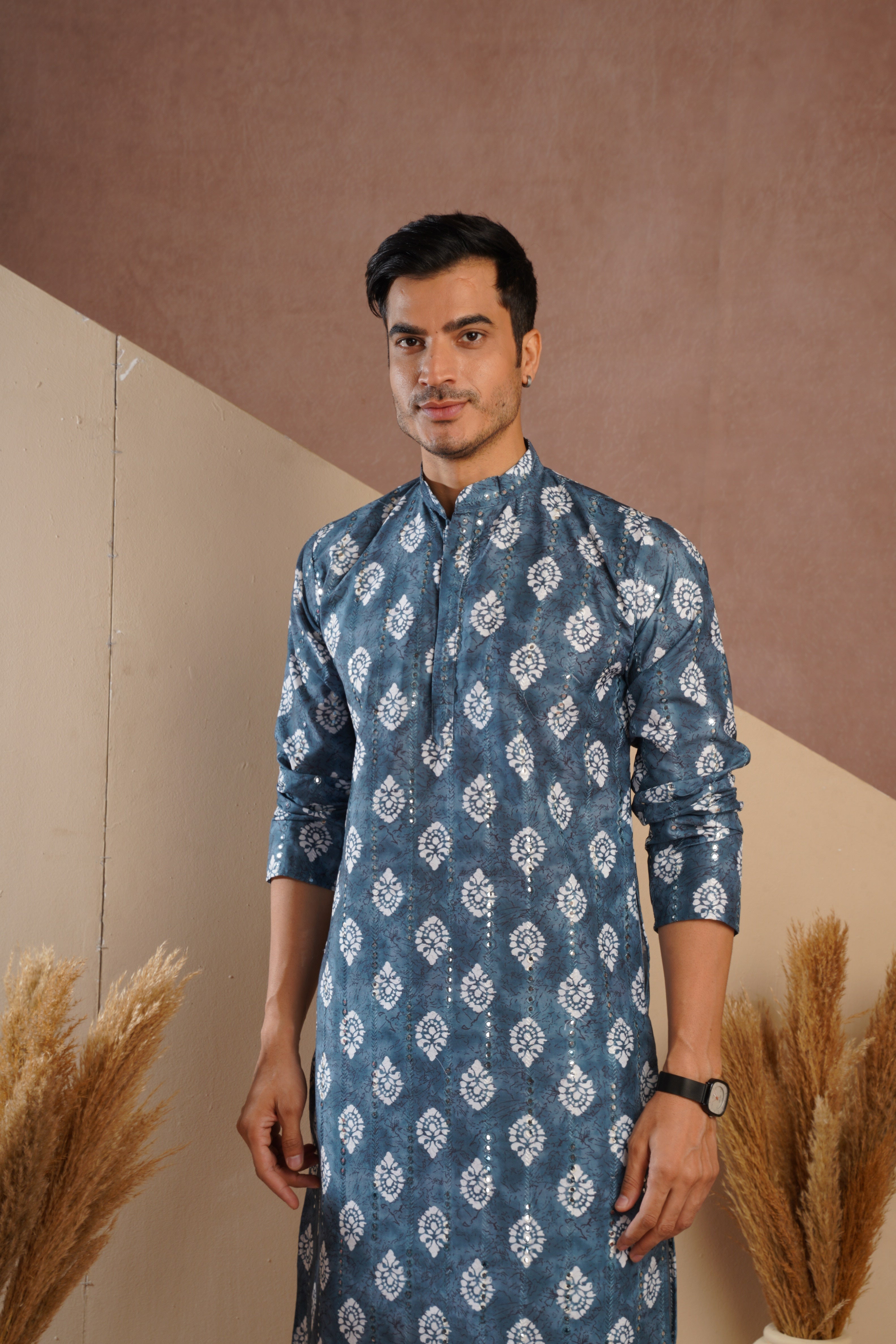 Blue Ethnic Block Print Kurta set with sequin highlights