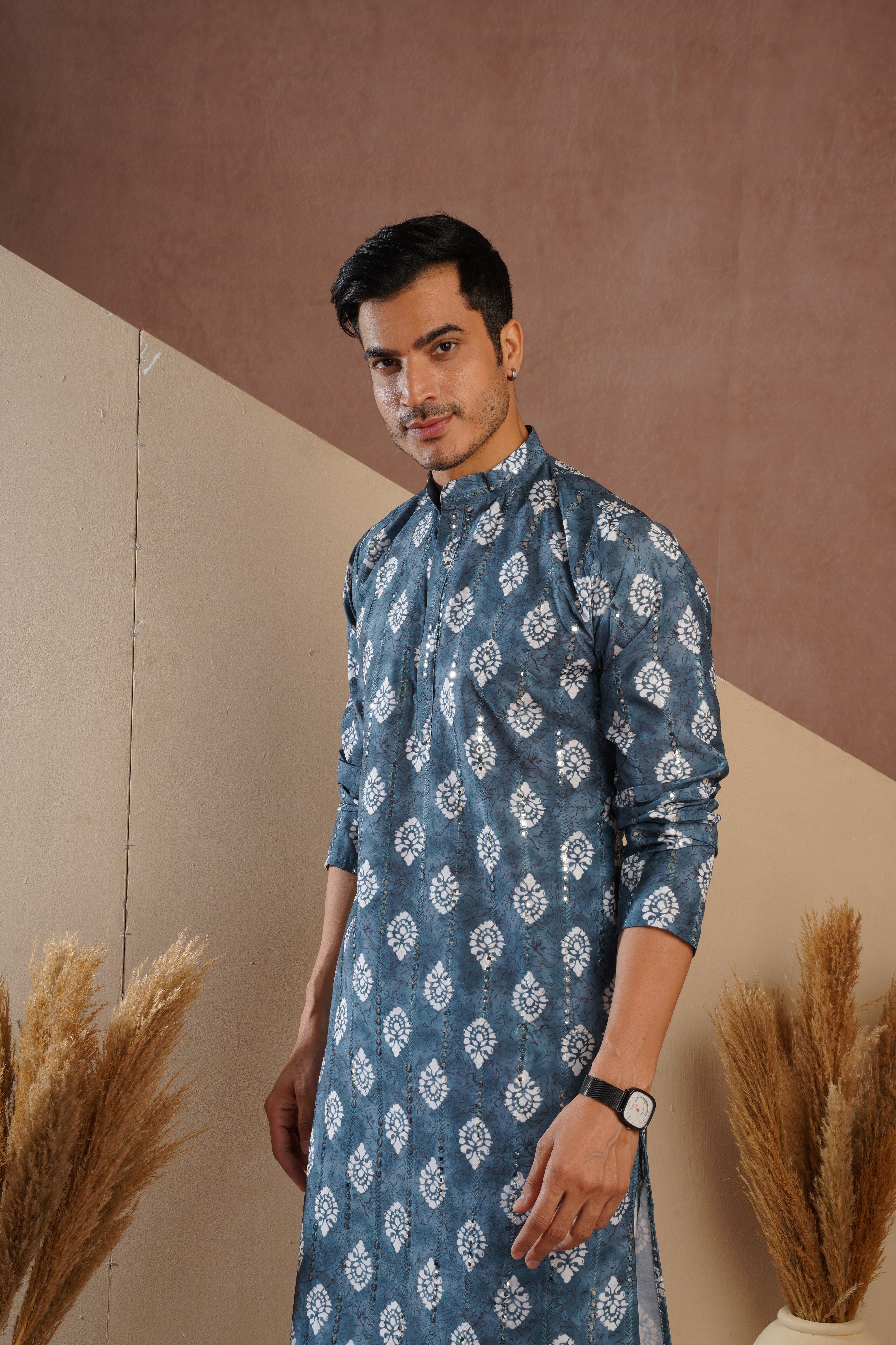 Blue Ethnic Block Print Kurta set with sequin highlights