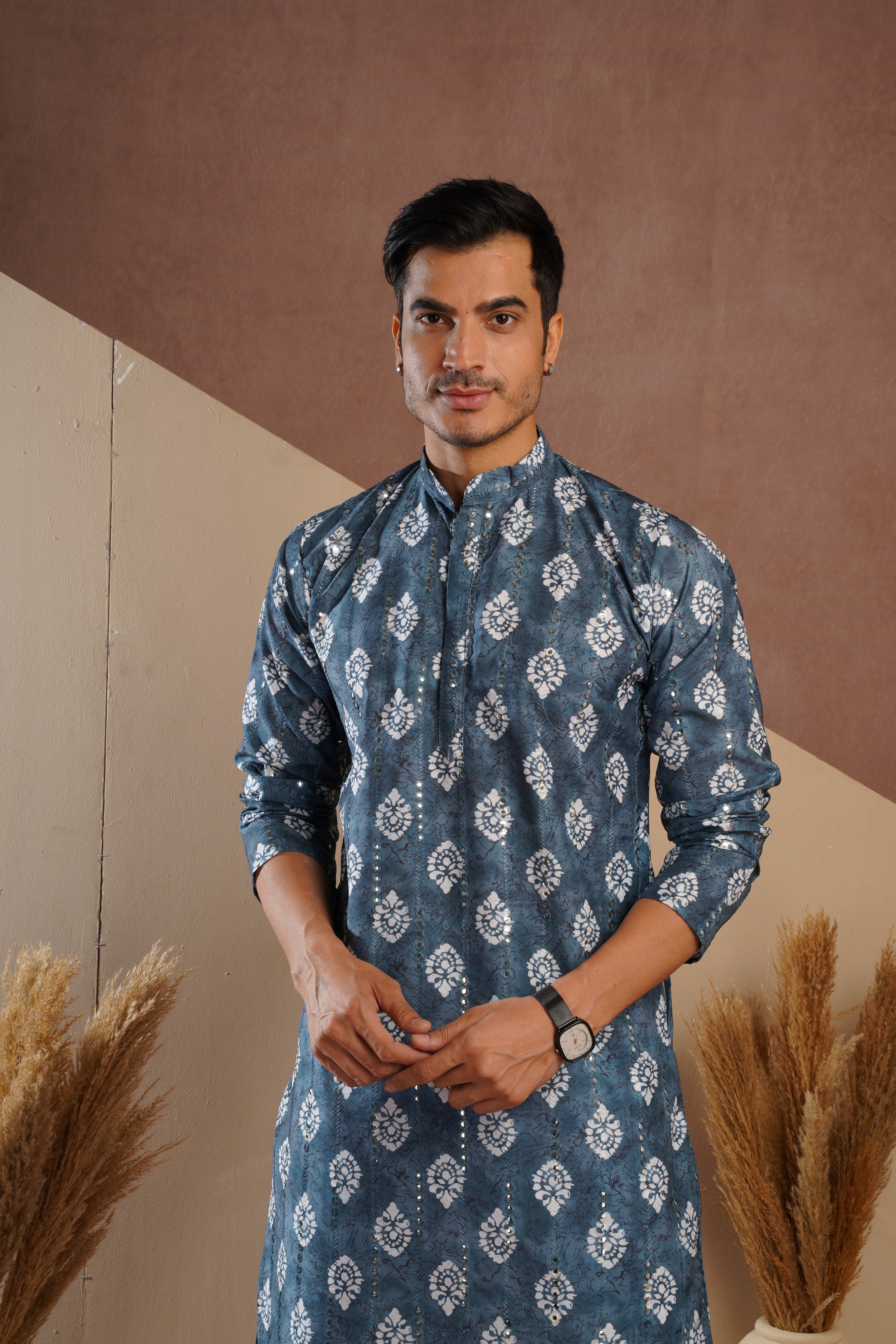 Blue Ethnic Block Print Kurta set with sequin highlights