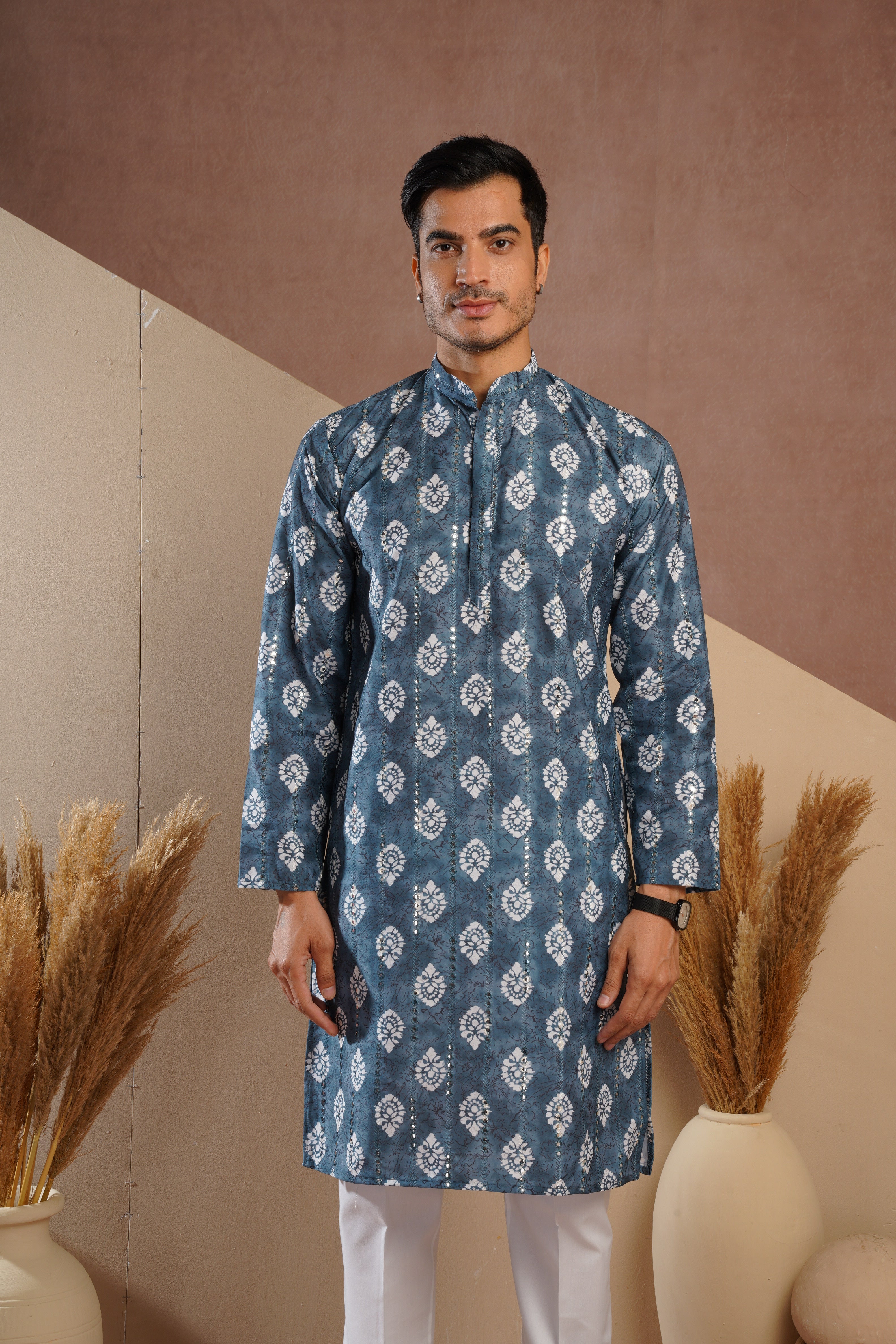 Blue Ethnic Block Print Kurta set with sequin highlights