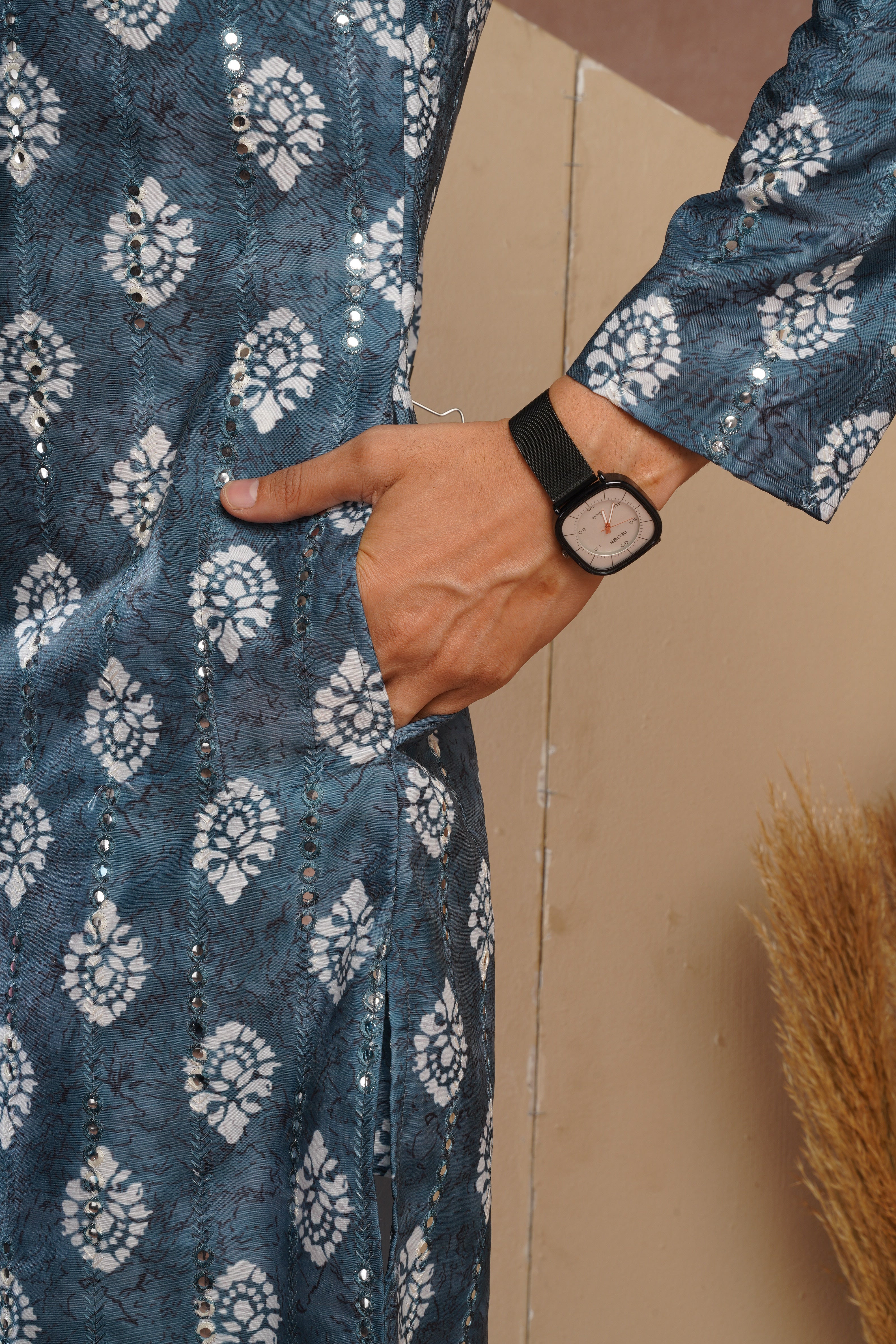 Blue Ethnic Block Print Kurta set with sequin highlights