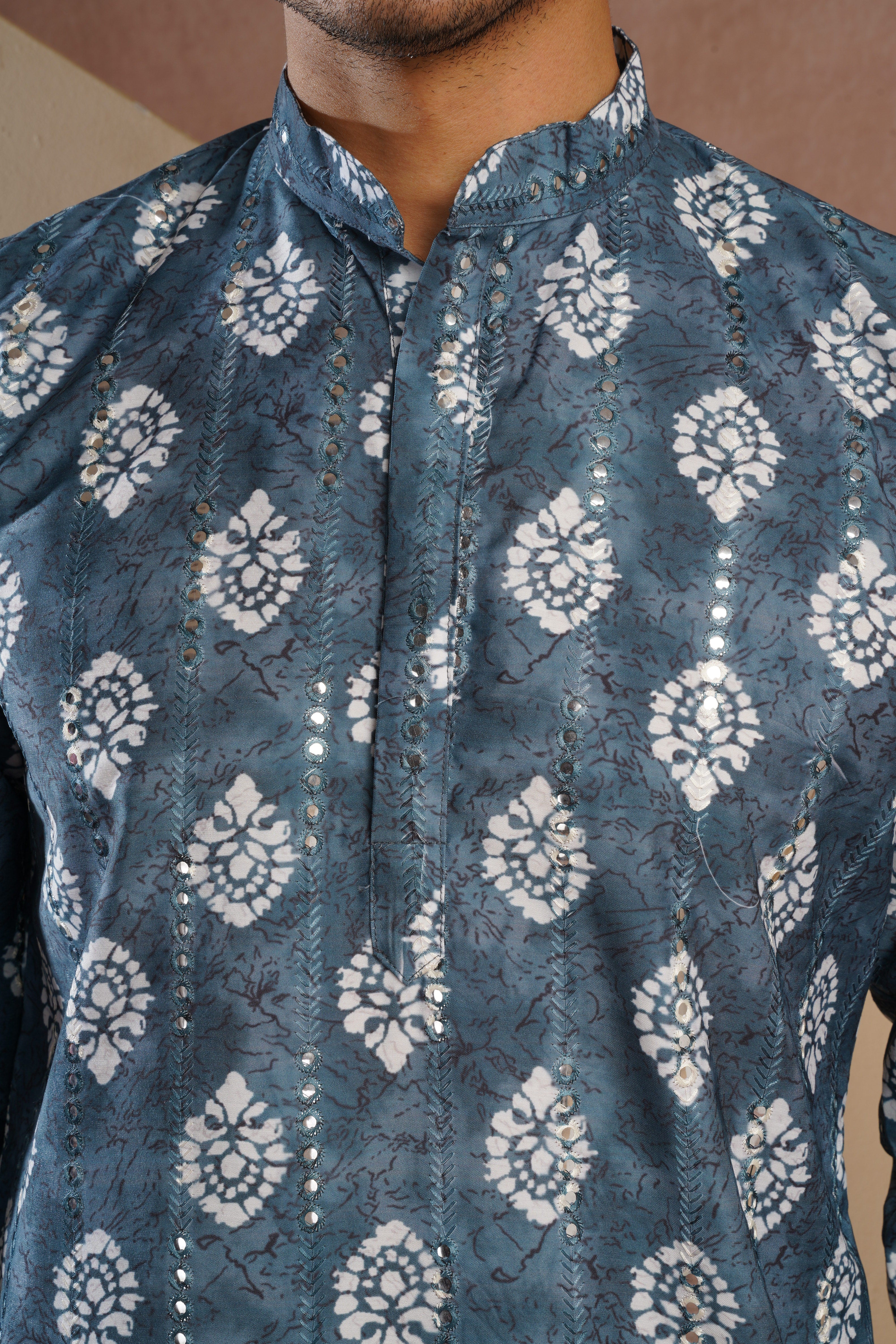 Blue Ethnic Block Print Kurta set with sequin highlights