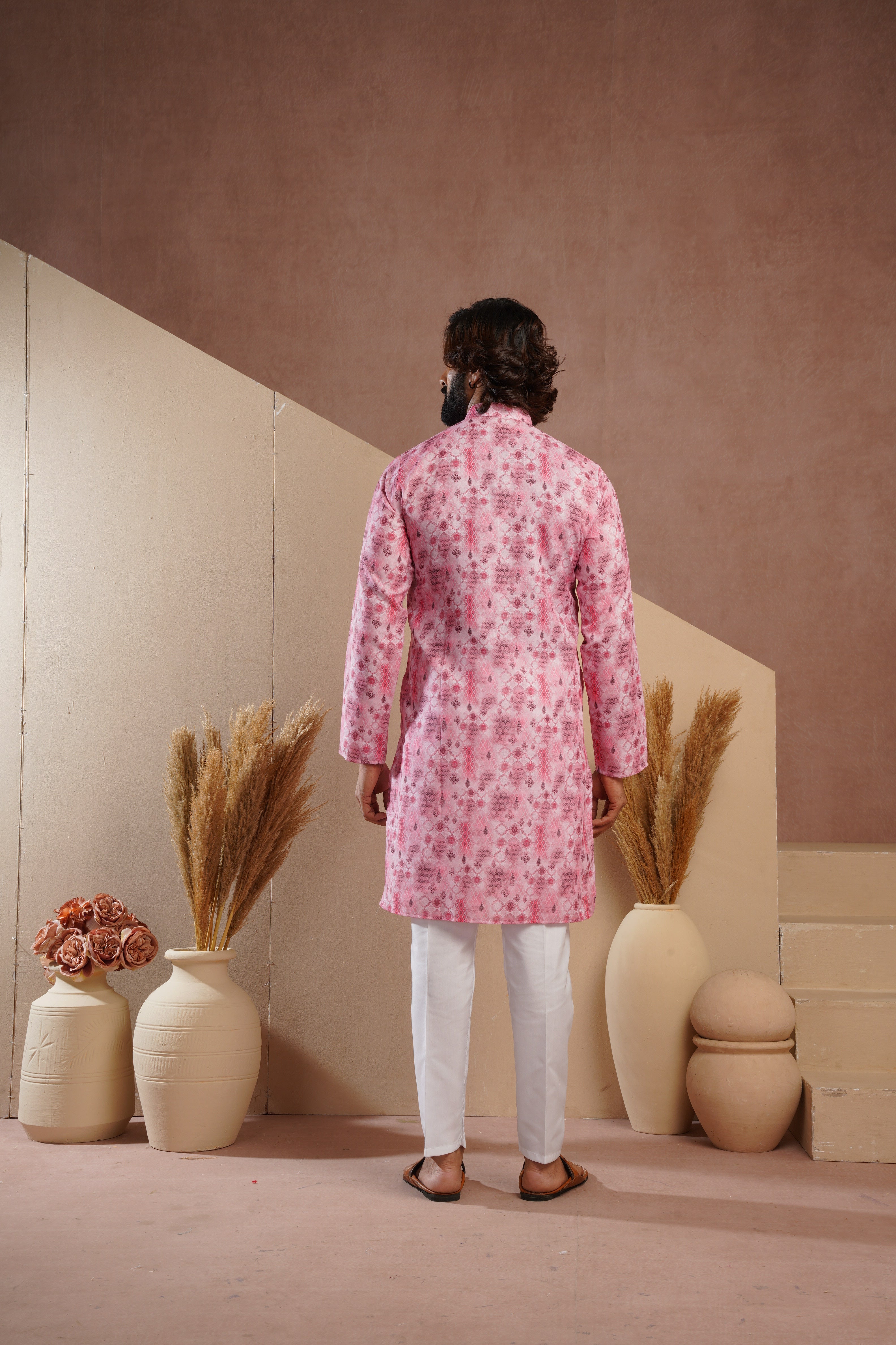Classic Pink All-Over Print Kurta Set for Mens