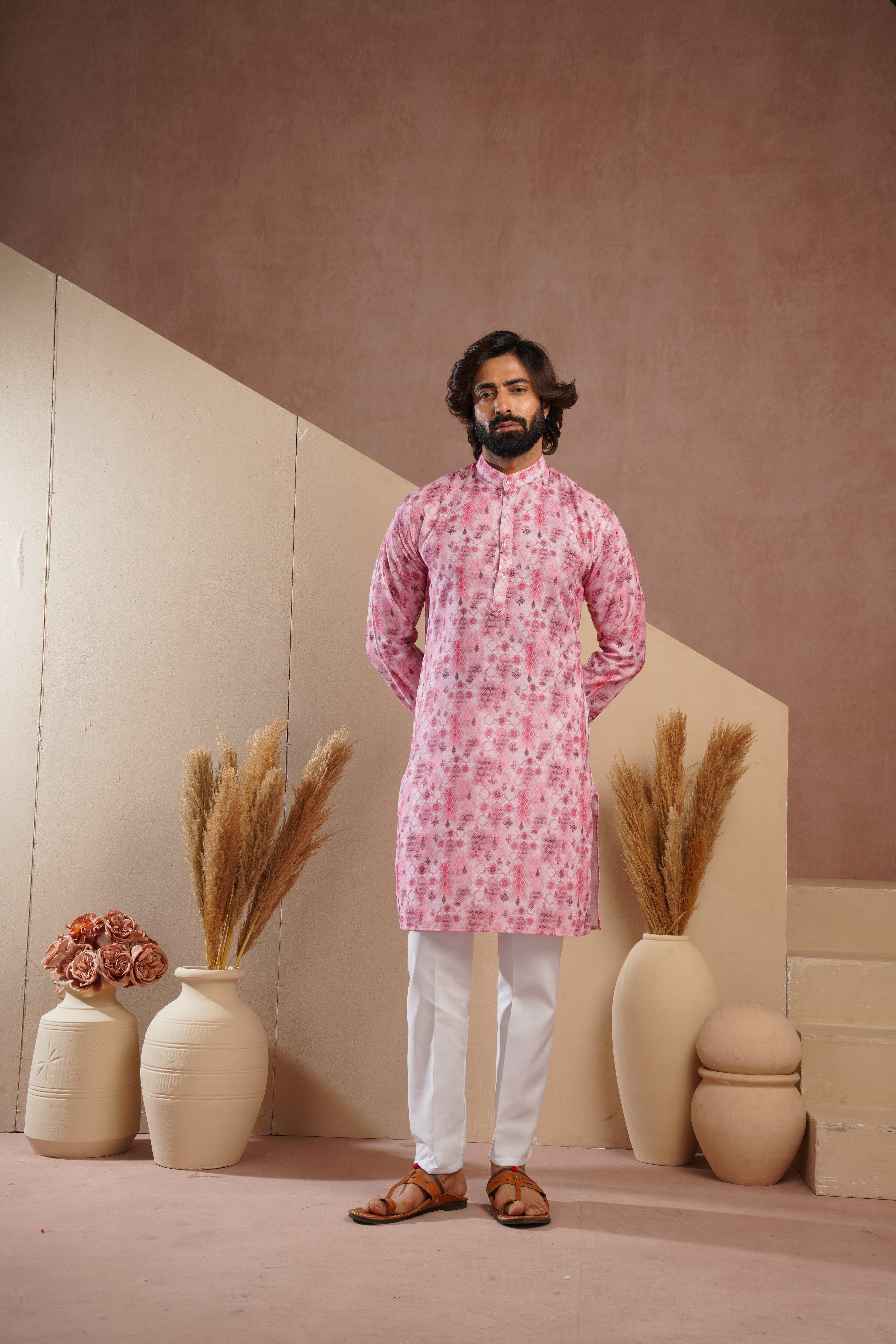 Classic Pink All-Over Print Kurta Set for Mens