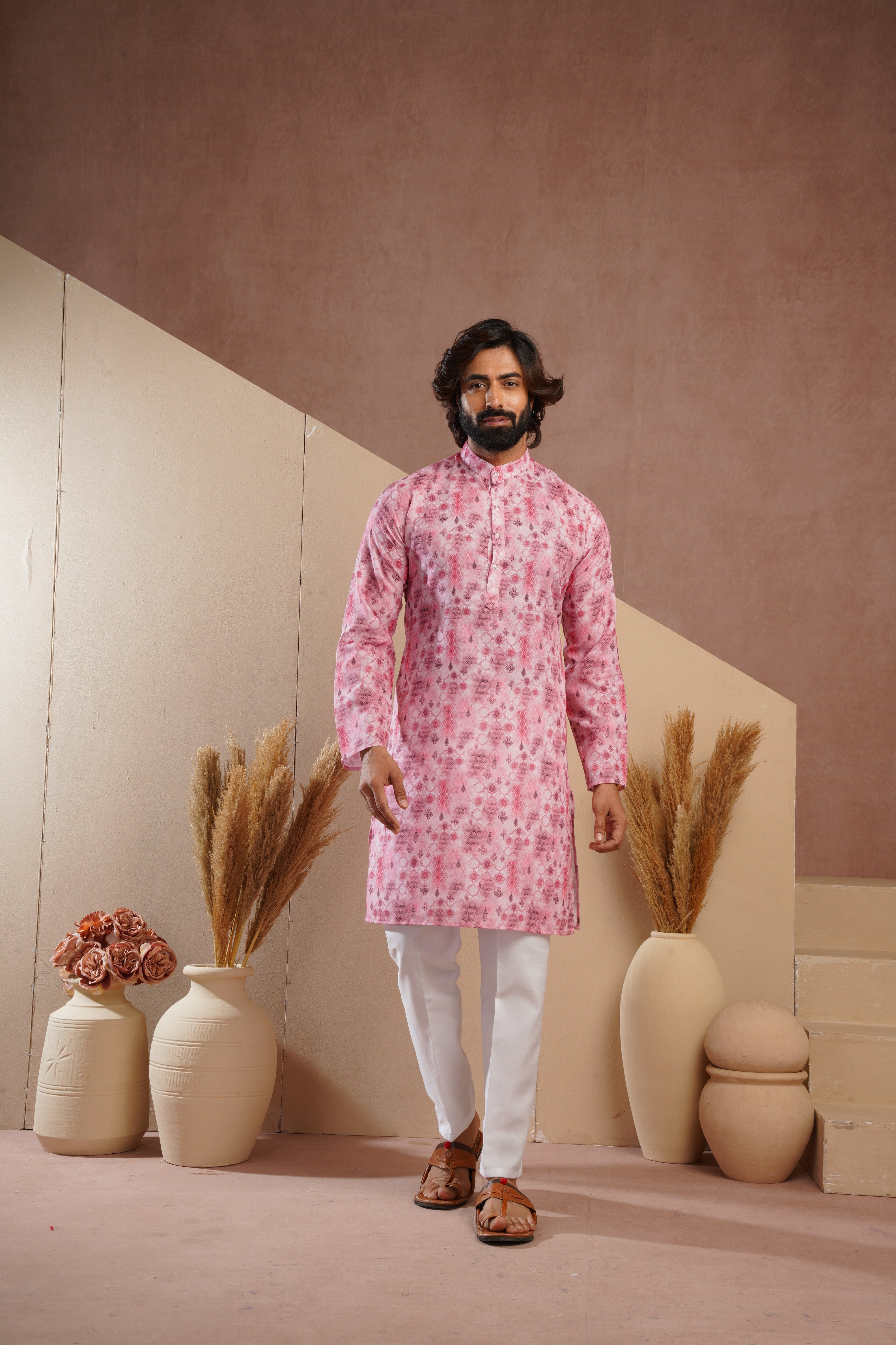 Classic Pink All-Over Print Kurta Set for Mens