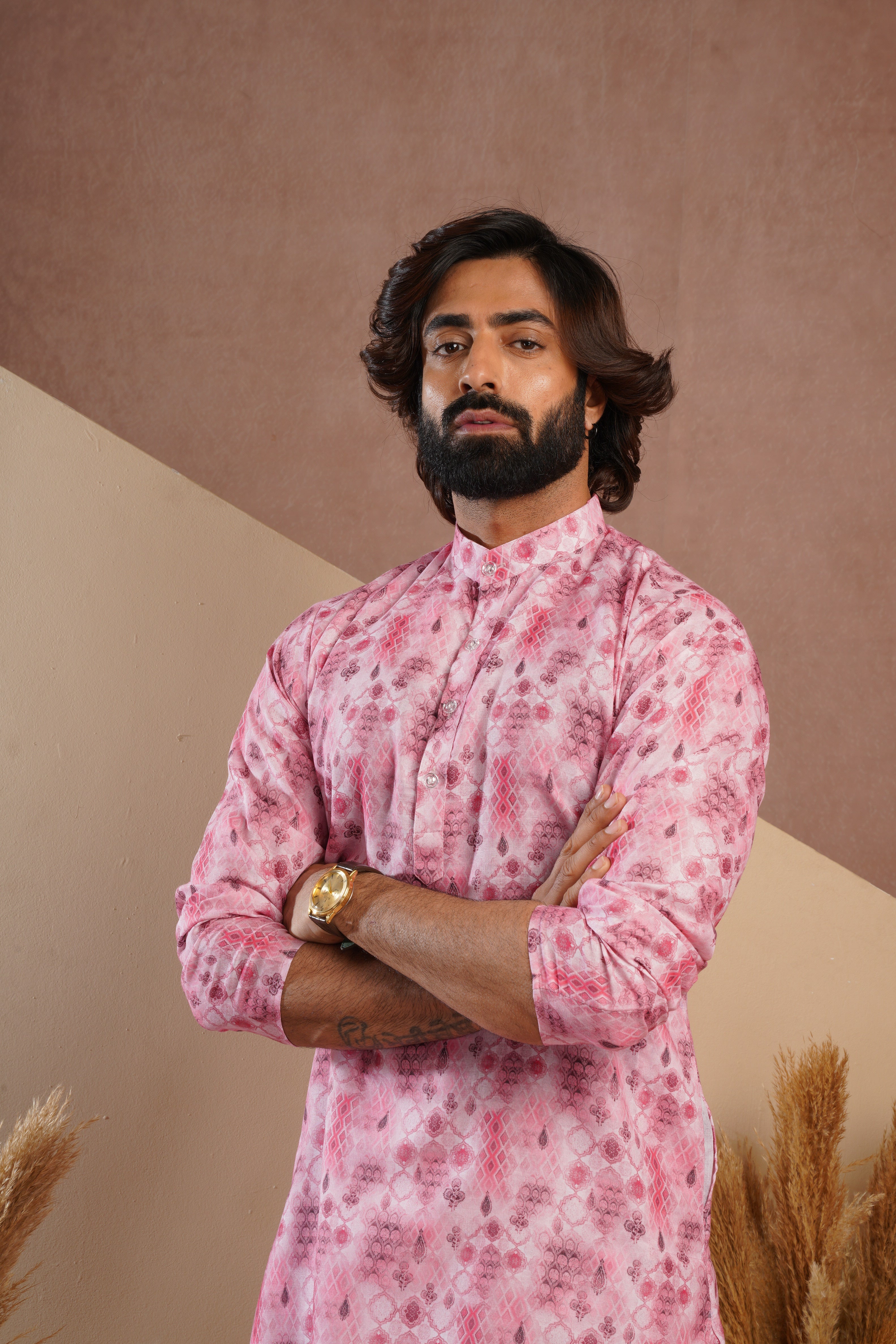 Classic Pink All-Over Print Kurta Set for Mens