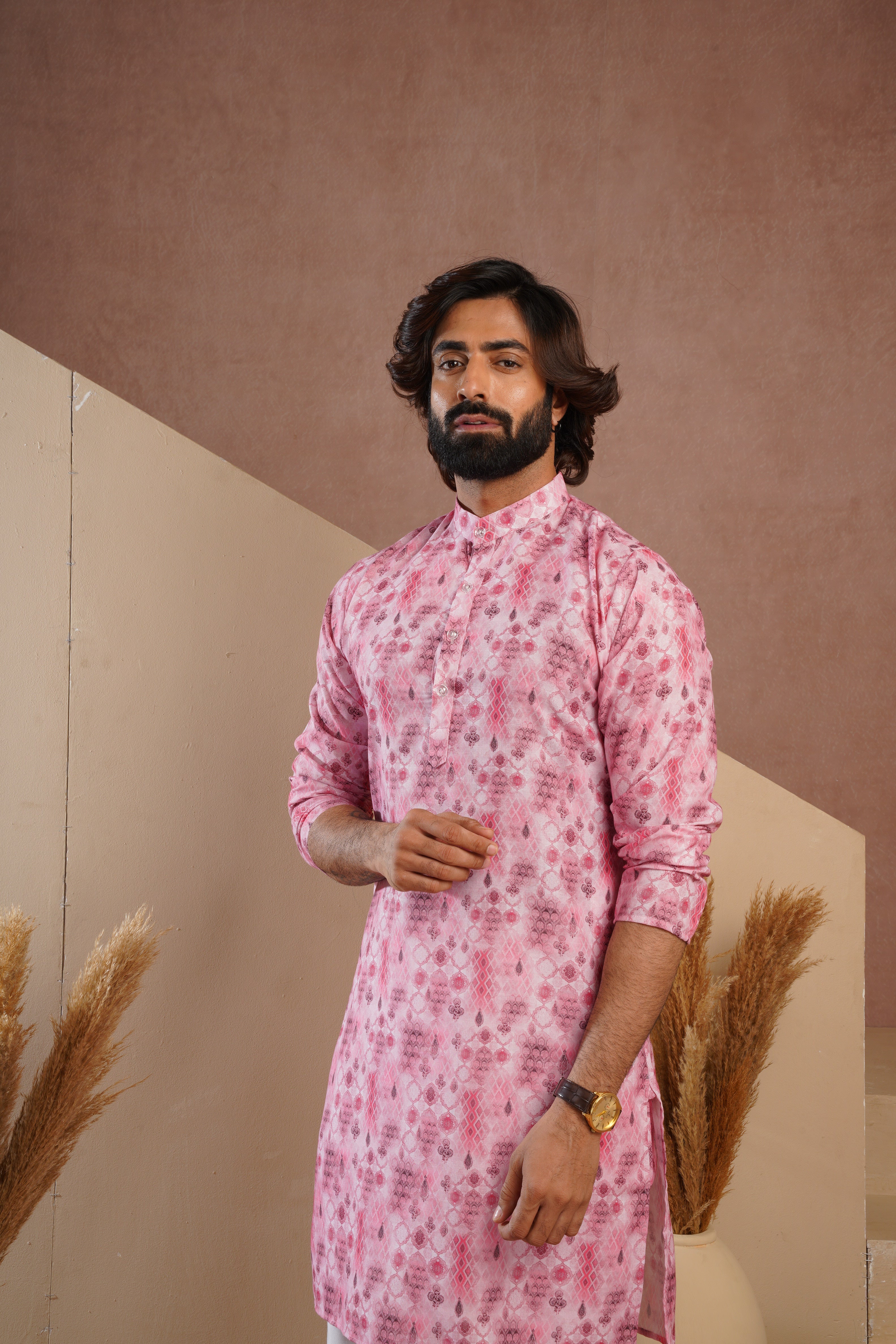 Classic Pink All-Over Print Kurta Set for Mens