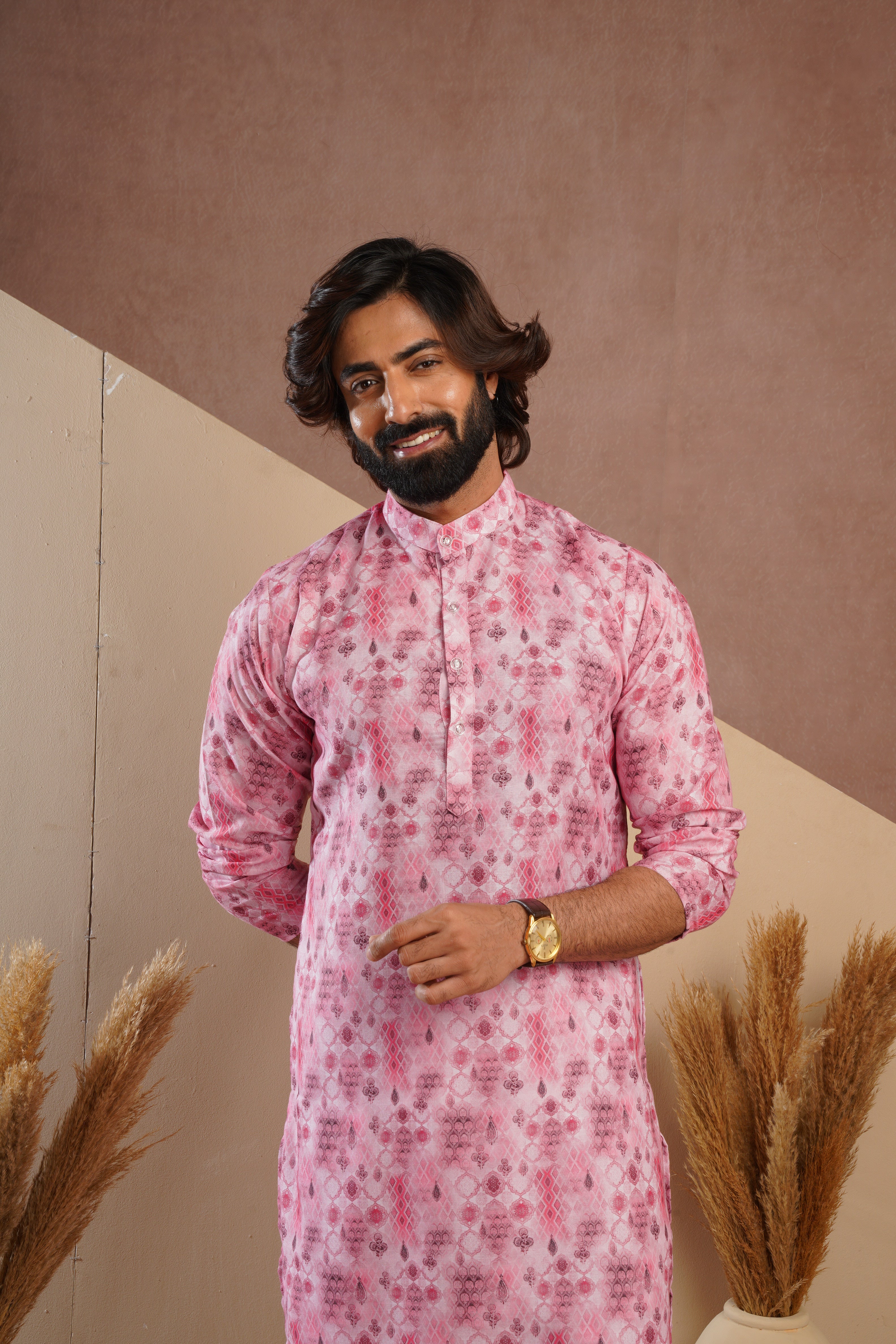 Classic Pink All-Over Print Kurta Set for Mens