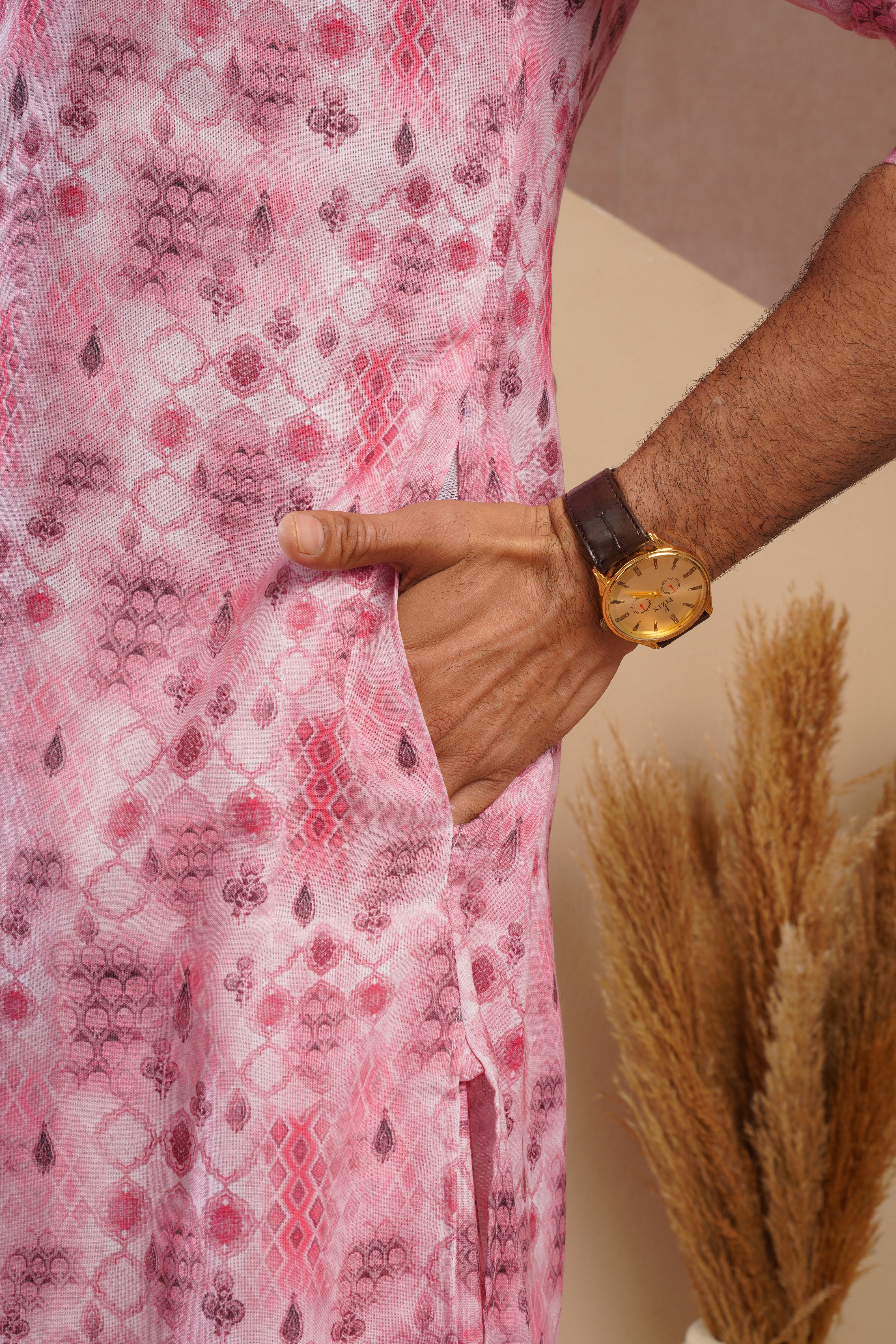 Classic Pink All-Over Print Kurta Set for Mens