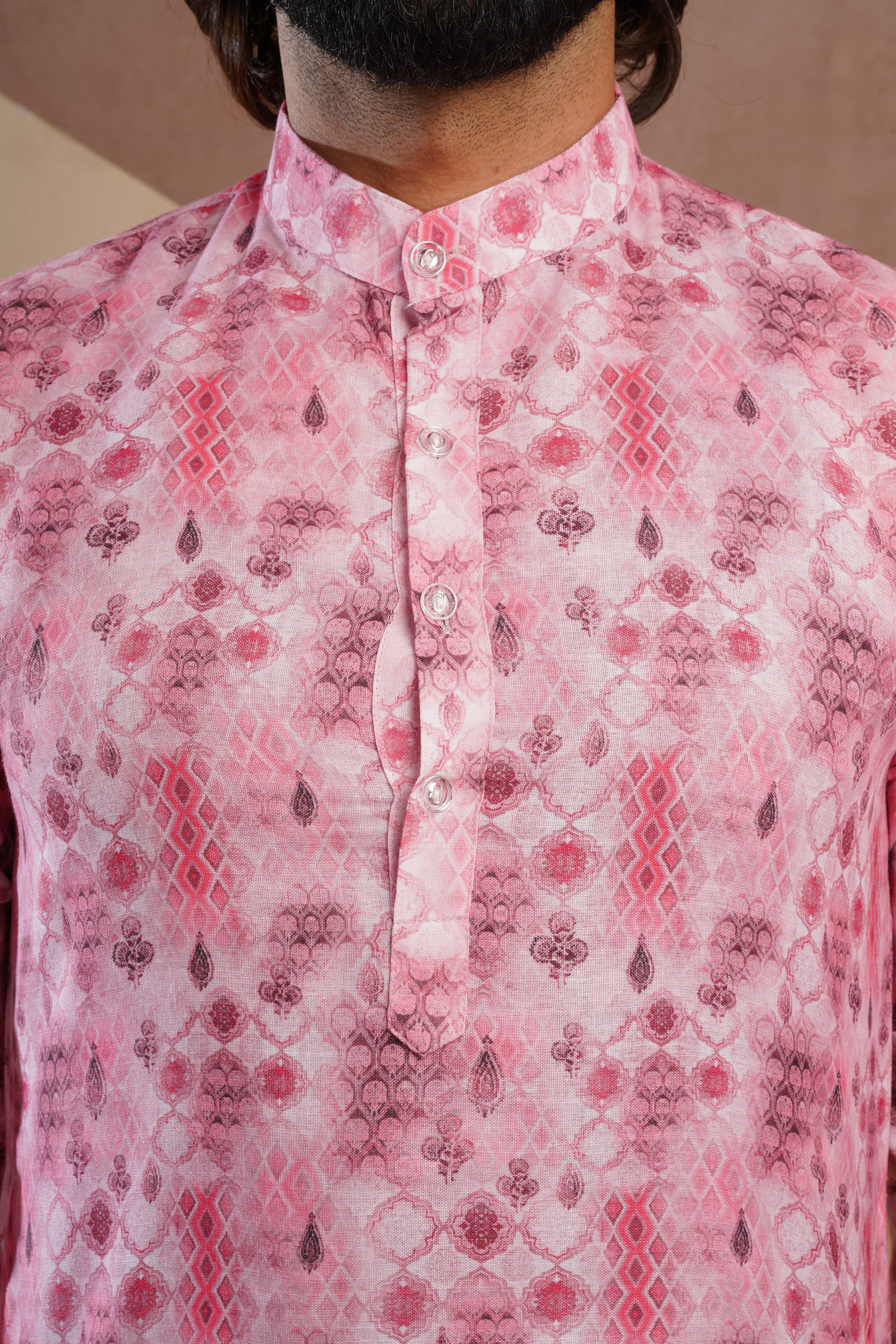 Classic Pink All-Over Print Kurta Set for Mens