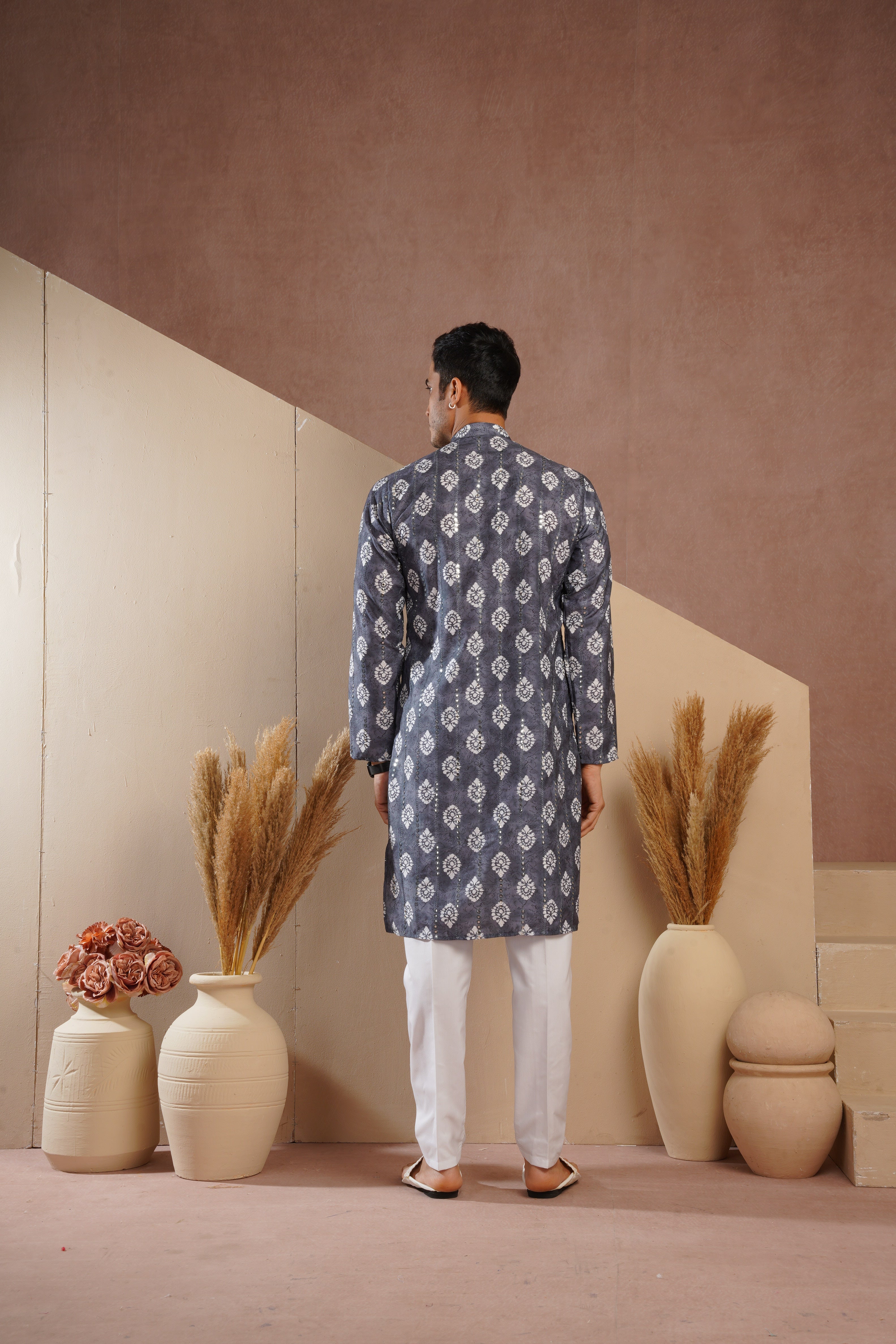 Grey Ethnic Block Print Kurta set with sequin highlights