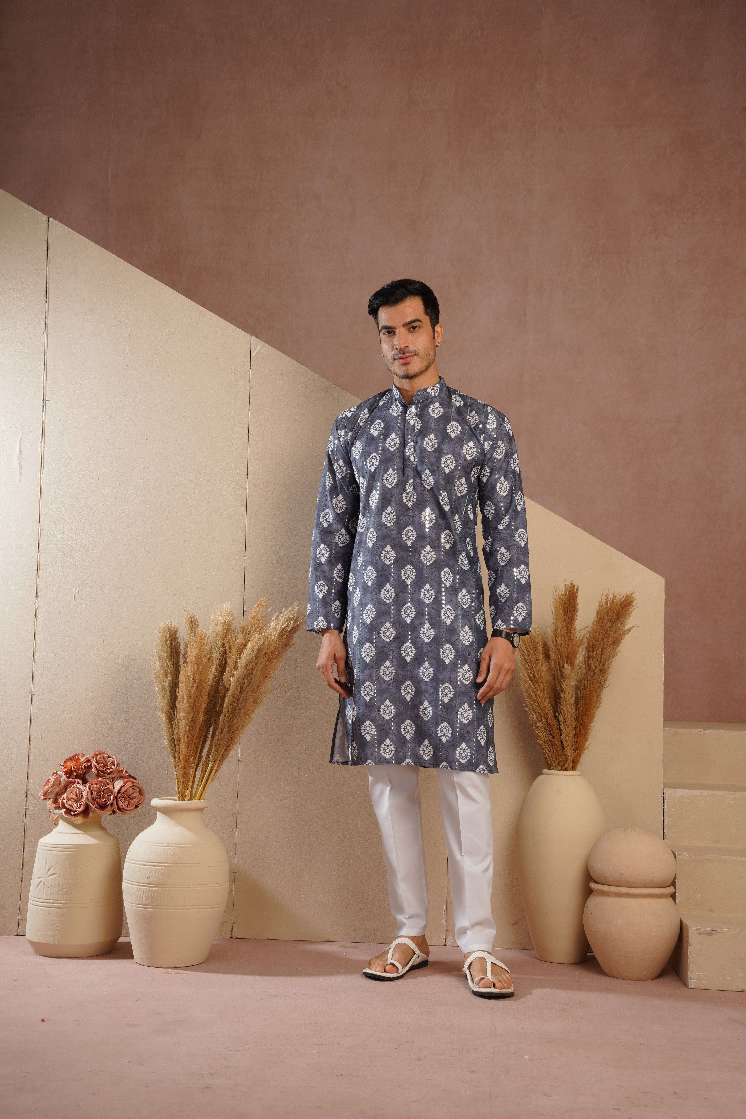 Grey Ethnic Block Print Kurta set with sequin highlights