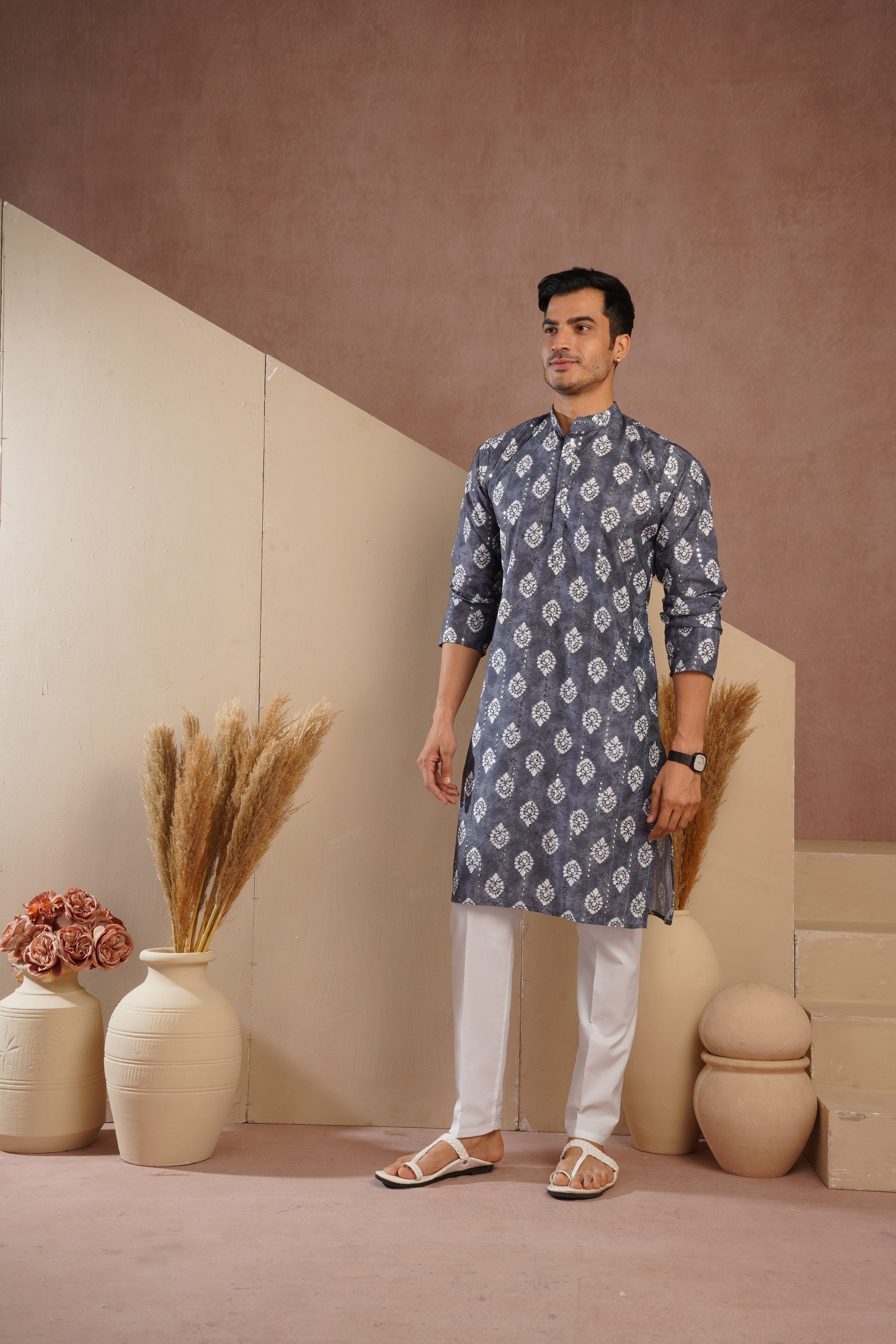 Grey Ethnic Block Print Kurta set with sequin highlights